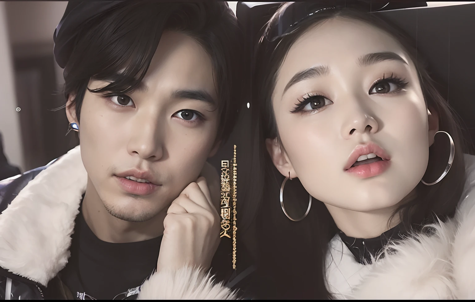 There are two Asian people who are posing for a photo, KDA e Sam Yang, & Jeehyung Lee & WLOP, Fanart oficial, They are close to each other, official fan art, Fanart, fan art, ((Saturado)), Fanart de alta qualidade, inacabado, KDA, inspirado em Yanjun Cheng, [ [ hiper-realista ] ]