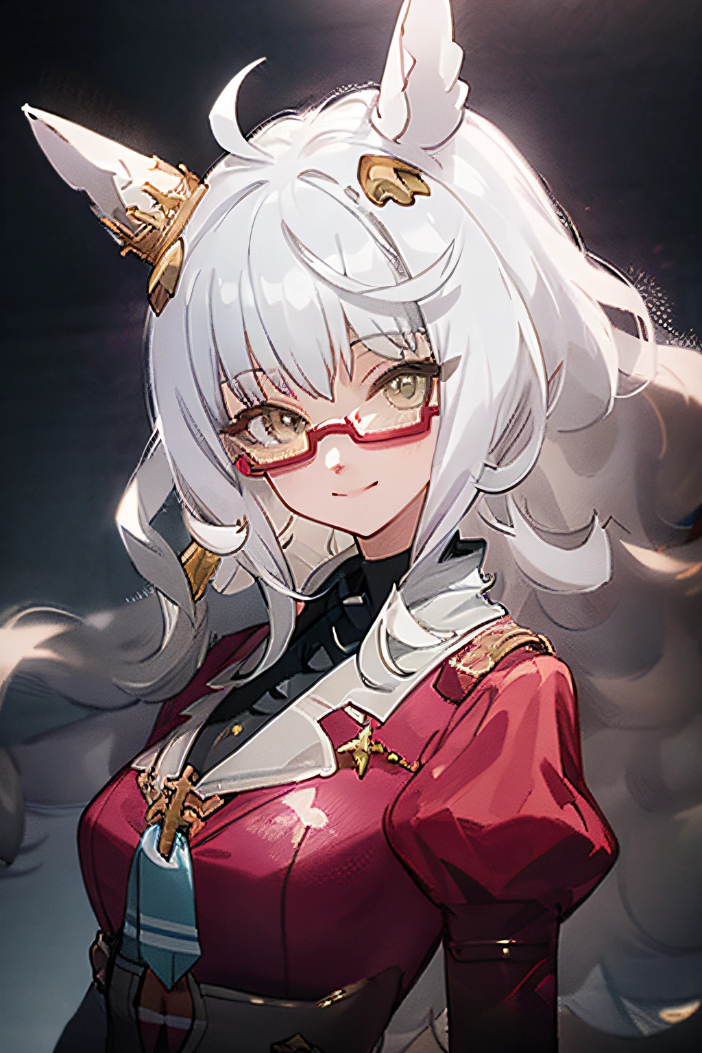 biwa hayahide \(umamusume\), ultra-detailed eyes, masterpiece, bestquality, upper body, smile, semi-rimless eyewear, under-rim eyewear, red-framed eyewear