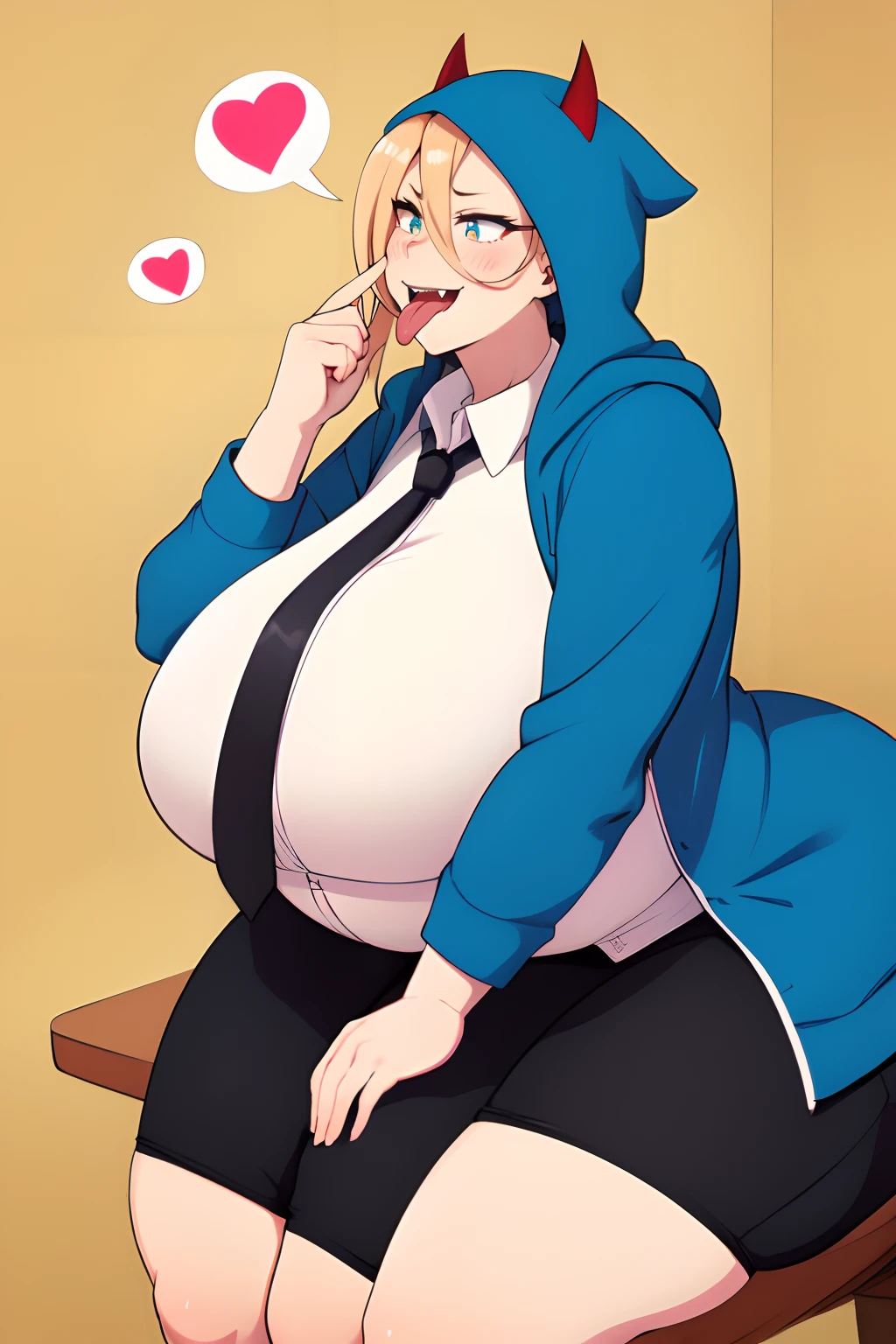 (masterpiece, best quality:1.2), cowboy shot, solo, 1girl, power \(csm\), sharp teeth,ahegao, cross-shaped pupils, (blue hoodie),((white collared shirt)), black necktie, black pants, wide hips, thick thighs, huge ass, enormous huge natural sagging breasts, cleavage, mature mom, floating hearts, animification, sitting, puffy lips, (((bimbo))), giant fat enormous pregnant belly,  cross-eyed, hand on mouth, fat,smile, (leaning forward), tongue out