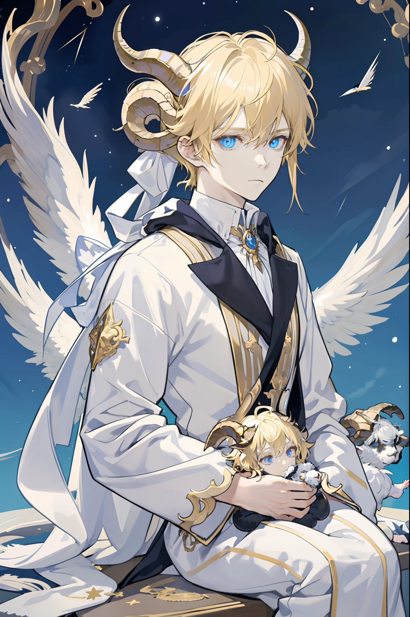 masterpiece, best quality, 1 male, Cherub boy, eyes goat, with goat ears and horns, Messy anime middle part hair, Blonde boy, emotionless face, White royal knight golden clothing, White winter scarf, Wings, Stars Aura.