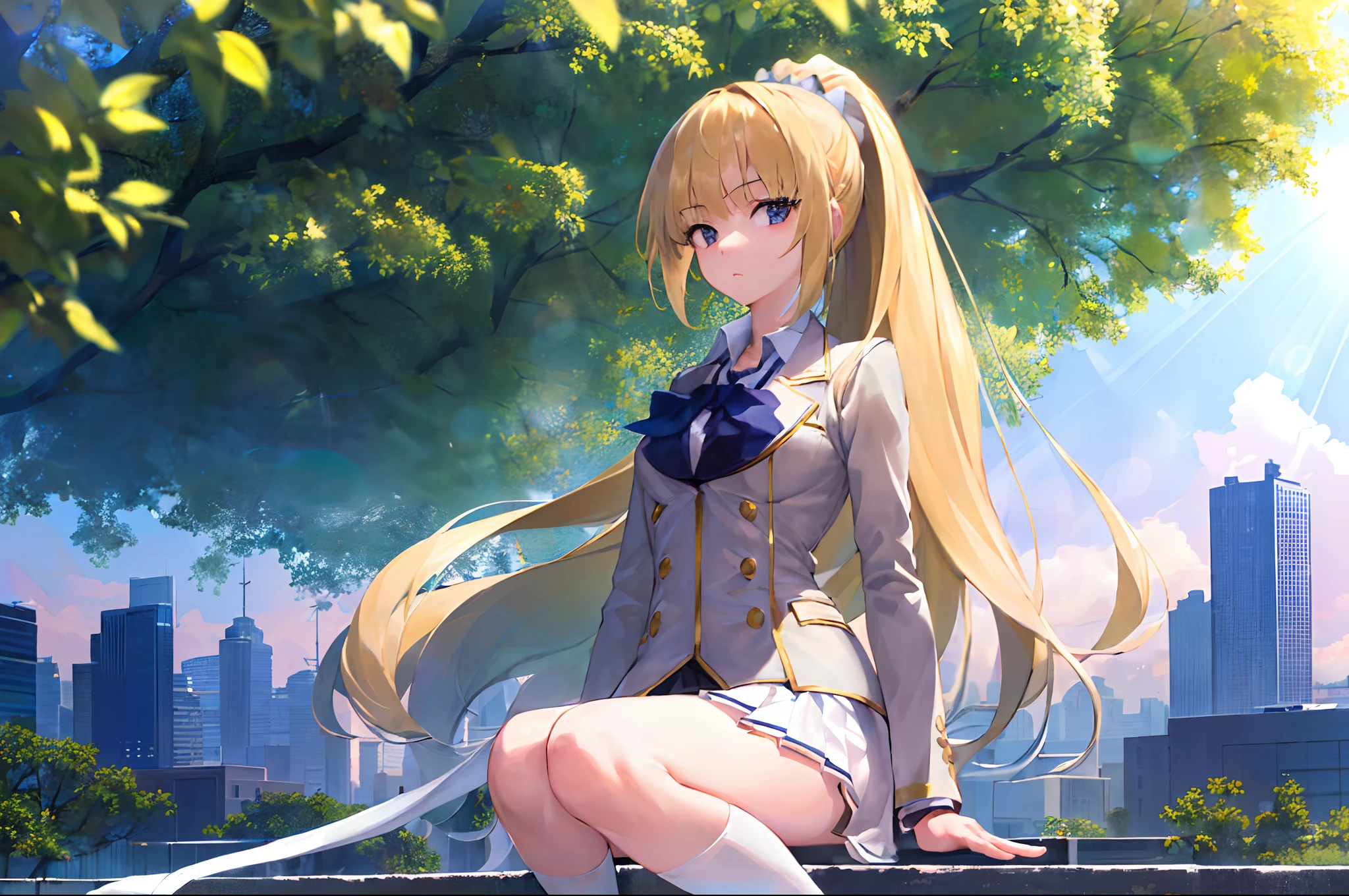 (masterpiece, best quality, excellent quality), ((1girl, solo)), blonde hair, long hair, high ponytail, school uniform, sky, city, (skyscrapers), trees, pavement, lens flare,