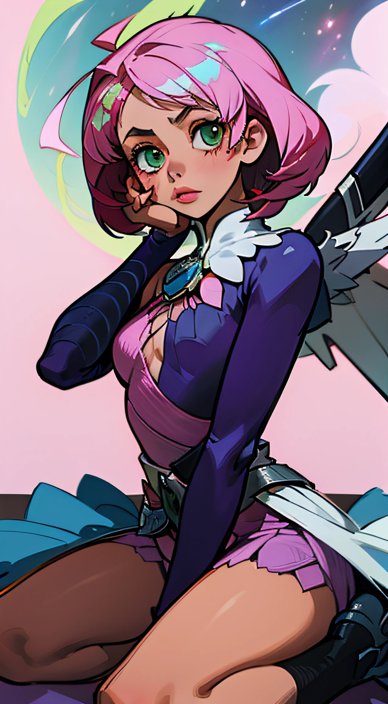 Alisa bosconovitch, melhor qualidade, contemporary, estilo plano, minimalismo, Green Eyes Flat Illustration, cabelo rosa, cabelo curto, cabelos multicoloridos, Camisa Preta, mechanical wings, Head Portrait Close-U, peito pontudo, decote, super decote, middlebreasts, Tekken，cabelo rosa pastel, 1girl, em quimono, hand-painted，Desenho de linha sem cor, colorida do yandere pastel, Tekken, Super cute pink hair girl with gothic makeup on the side, com roupa de empregada，figura esbelta，robusto，He sat on the floor，Vestido com roupas de empregada rosa e branco，cabelos muito curtos，com orelhas de gato，quadratic element，, kawaii cor-de-rosa na roupa da era de 1910, Alisa Bosconovich pink lips, no estilo da paleta de cores suave aurorapunk, an anime illustration of his face, gifs animados, hand drawn animation, charming sketches, suave e brilhante, romantismo nebuloso, Estilo Superflat, fundo branco - ar 1:1 - niji 5 - estilo expressivo --s 50 ,Pink kawaii girl in the era of 1920s clothesPink eagles, vestindo uma camisa branca brilhante, no estilo da paleta de cores suave aurorapunk, an anime illustration of his face, gifs animados, hand drawn animation, charming sketches, suave e brilhante, romantismo nebuloso, Estilo Superflat, fundo branco - ar 1:1 - niji 5 - estilo expressivo --s 50, Absurdo, Altas, ultra detalhados, (1girl:1.3), quebrar , Crie uma imagem com uma bela caligrafia