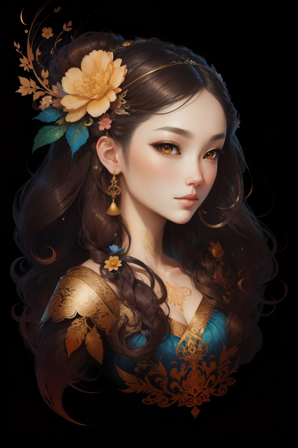 ((Gorgeous Asian female princess)),(She has long flowing brown hair),(Bright and beautiful eyes),trendding on artstation,Flowers of Hope by Jean-Honor Fragonard,Peter Mohrbacher,ultra-detailliert,insanely details, Amazing, complex, elite, Art Nouveau, a gorgeous, Liquid wax, elegant, Luxurious, greg rutkovsky, Ink style, a sticker, Vector art beautiful character design, Dual exposure shooting, Luminous design, winning artwork, tmasterpiece, AMOLED black background,optic