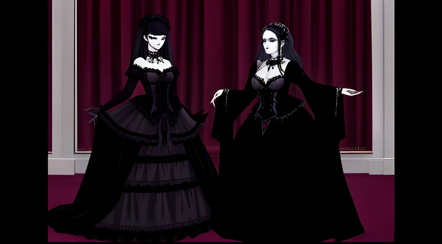 two womans, dressed in gothic costumes, Posing for a photo, gothic horror vibes, vampire fashion, goth aesthetic, carmilla vampire, Wearing Gothic Accessories, goth makeup, Wearing gothic makeup, goth, gotik, Dark and Gothic, gothic art style, gothic maiden, elegant victorian vampire, Gothic outfit, goth makeup, gotik!!, goth clothing, victorian gothic, ominous gothic aesthetic