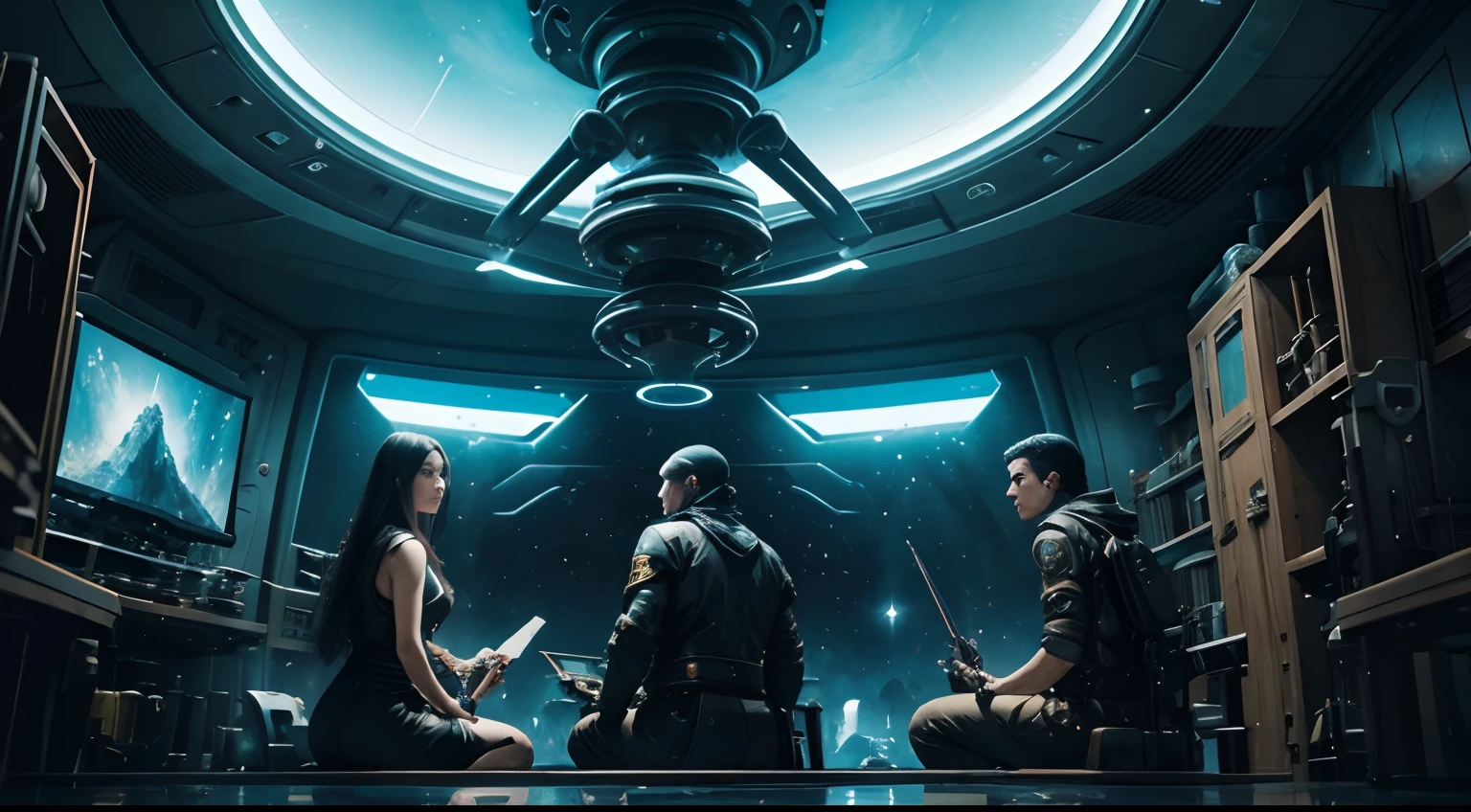 Crew of the Chronos spaceship, with scientists and technical explorers, positioned outside the spacecraft in attack position. estilo cyberpunk, 8k, arte splash, Estilo Paint Spinning, contorno, hiper-detalhado, intrinsecamente detalhado, Motor irreal, genie, tela inicial, cores complementares, arte conceitual de fantasia, 8K resolution, Obra-prima da arte desviante, oil paints, heavy strokes, artes de salpicos. respingos de tinta. salpicos de aquarela. pintura detalhada. High definition. desenho de anime. Estilo Ashley Wood.