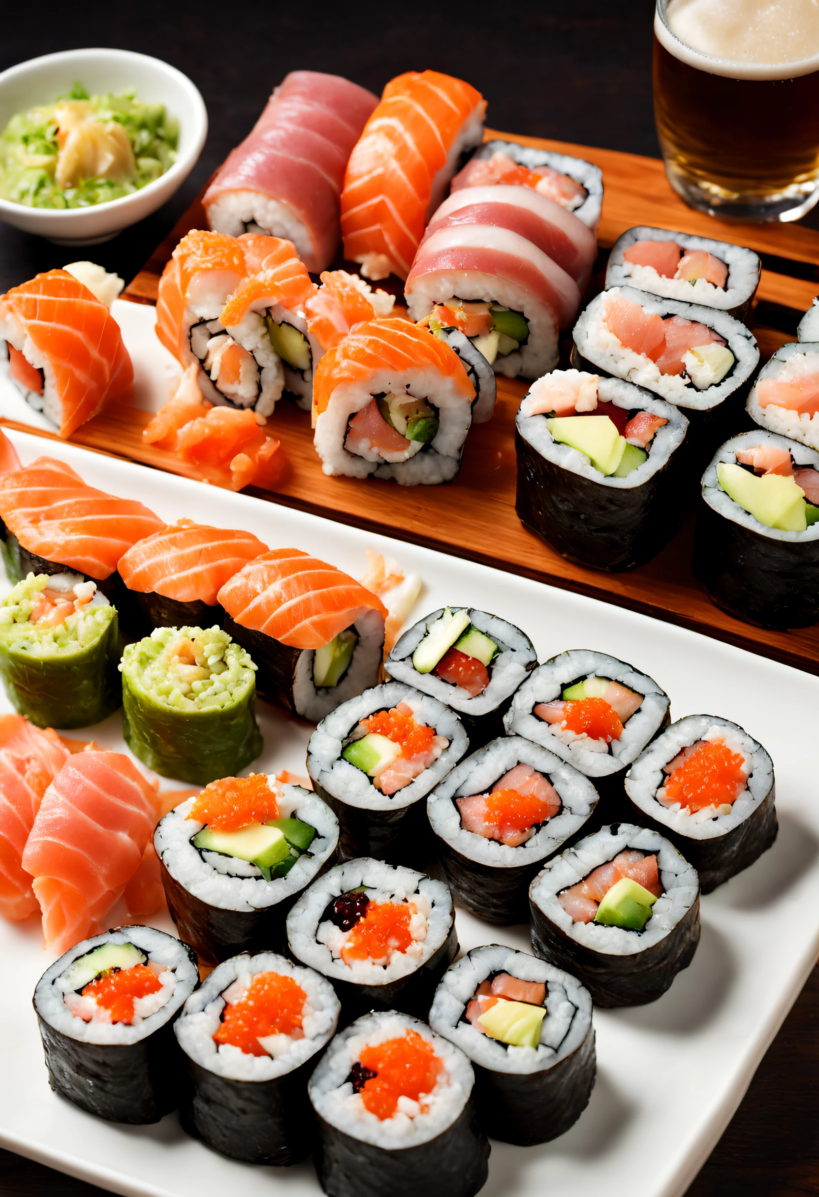 A magazine photograph of an incredible assortment of sliced sushi rolls made by Chef Gordan Ramsey, with smoked salmon & tuna & eel & roe & avocado & octopus & wasabi arranged in the Japanese manner with chop-sticks and a Japanese bottled beer & tall glass, trending & awarded photo by the acclaimed photographer, bokeh, f1.8, cinematic lighting, centered composition
