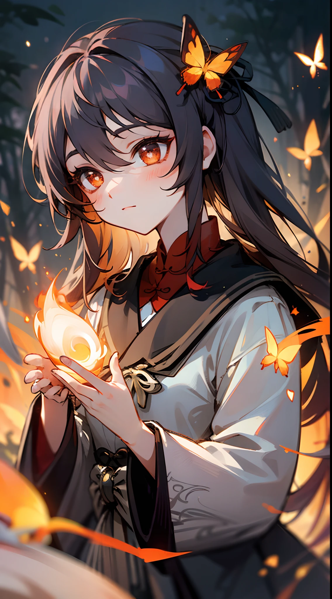 Please create an image of the Genshin Impact character Hu Tao in a nighttime forest setting, surrounded by fire butterflies. The camera should be close to her face, allowing for a more intimate perspective. Hu Tao should be depicted in her attire, which consists of a simple yet elegant black robe. Her red eyes should stand out, and they should have a unique detail: the iris of her eyes should resemble delicate, ethereal flowers with rich, crimson petals, adding to the enchanting and otherworldly aspect of her appearance.
The forest should be filled with tall, ancient trees, and the night sky above should be clear, filled with stars, casting a gentle glow on the scene. The camera's proximity to her face should emphasize the enchanting atmosphere.
The forest should come alive with the presence of fire butterflies, emitting a soft, ethereal light. They should be swirling around Hu Tao, creating a magical and enchanting atmosphere.
To enhance the graphic quality, please pay meticulous attention to details, such as the floral iris in her eyes, the luminescent effects of the fire butterflies, and the overall atmosphere of the scene, capturing the unique and enchanting nature of Genshin Impact's art style