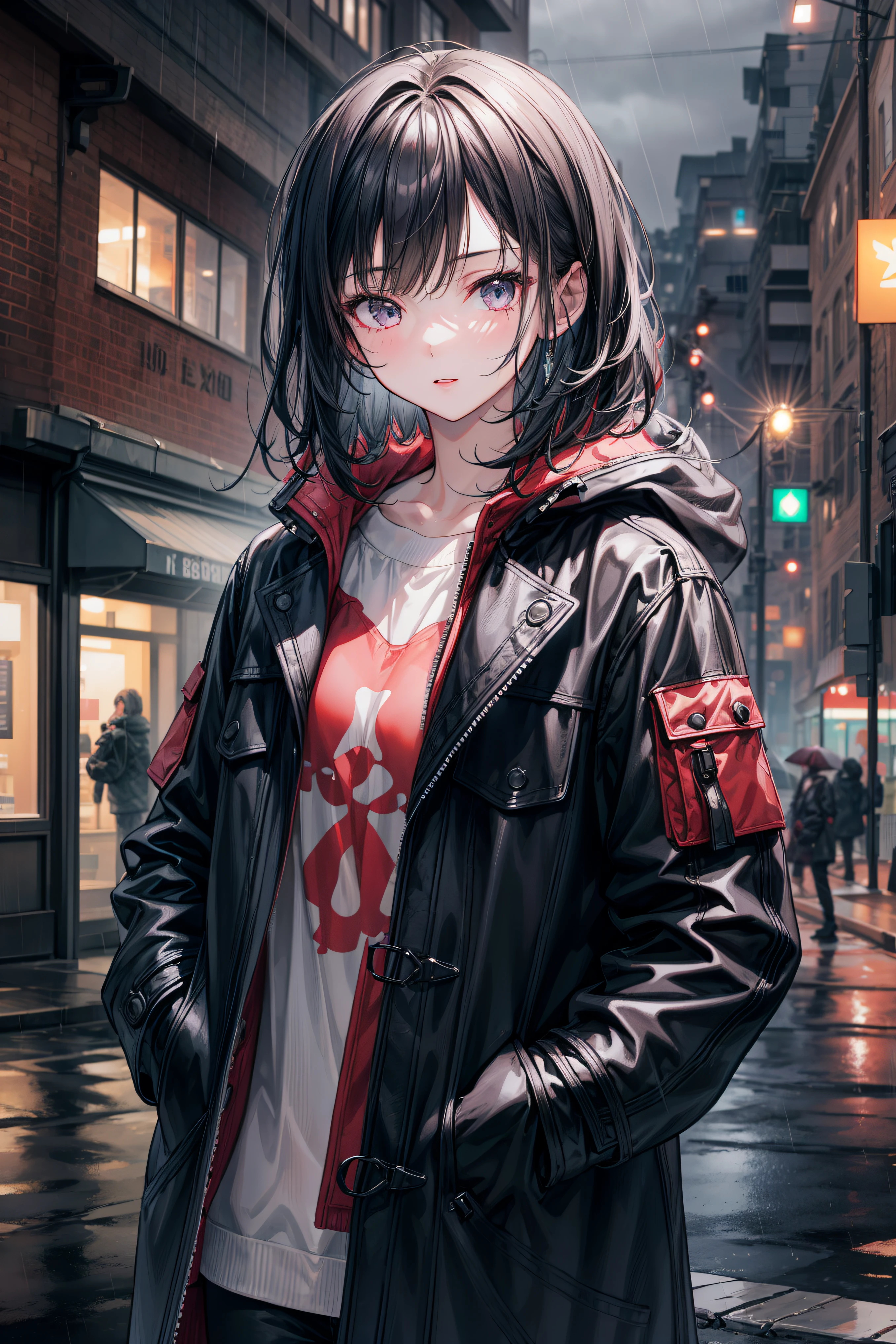 1girl,night city,rain,coat,hands in pockets, face focus, (3d, cgi, raytracing, intricated details, render)