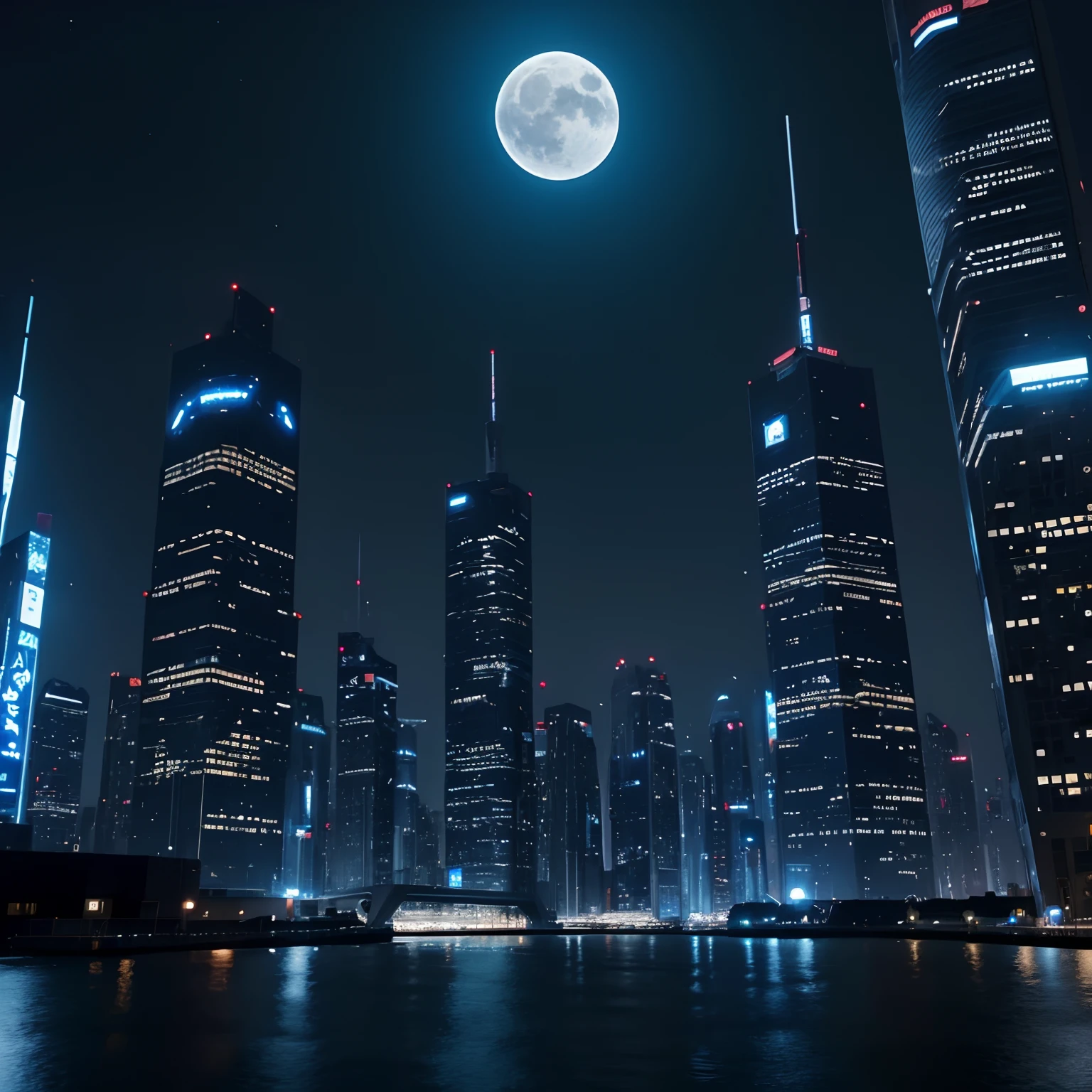 Futuristic big city in night #blue #grey #moon