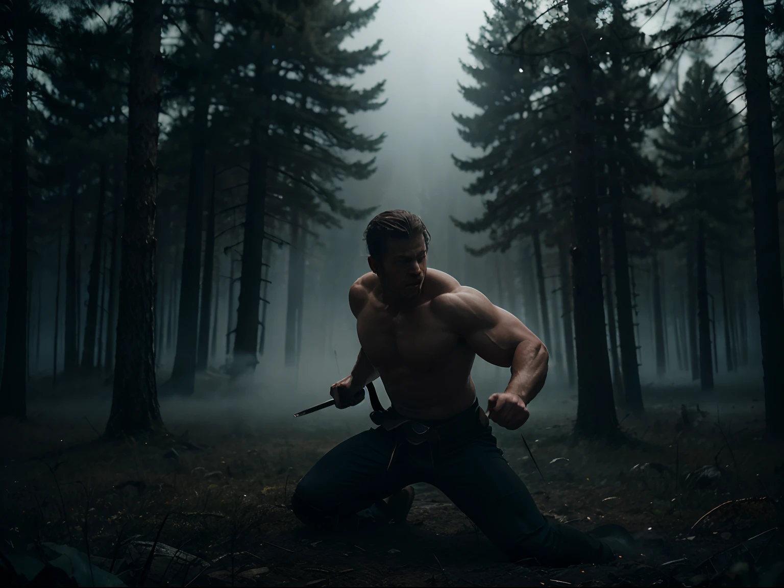 (masterpiece) A dynamic action battle scene of an extraordinarily strong and heavenly masculine warrior fighting a battle in the heart of a foggy forest at sunrise, intense, dramatic epic pose, palpable ethereal ambience, atmospheric depth, stark contrasts, moody undertones, photorealistic, film grain, cinematic shot with hasselblad, cyclorama effect