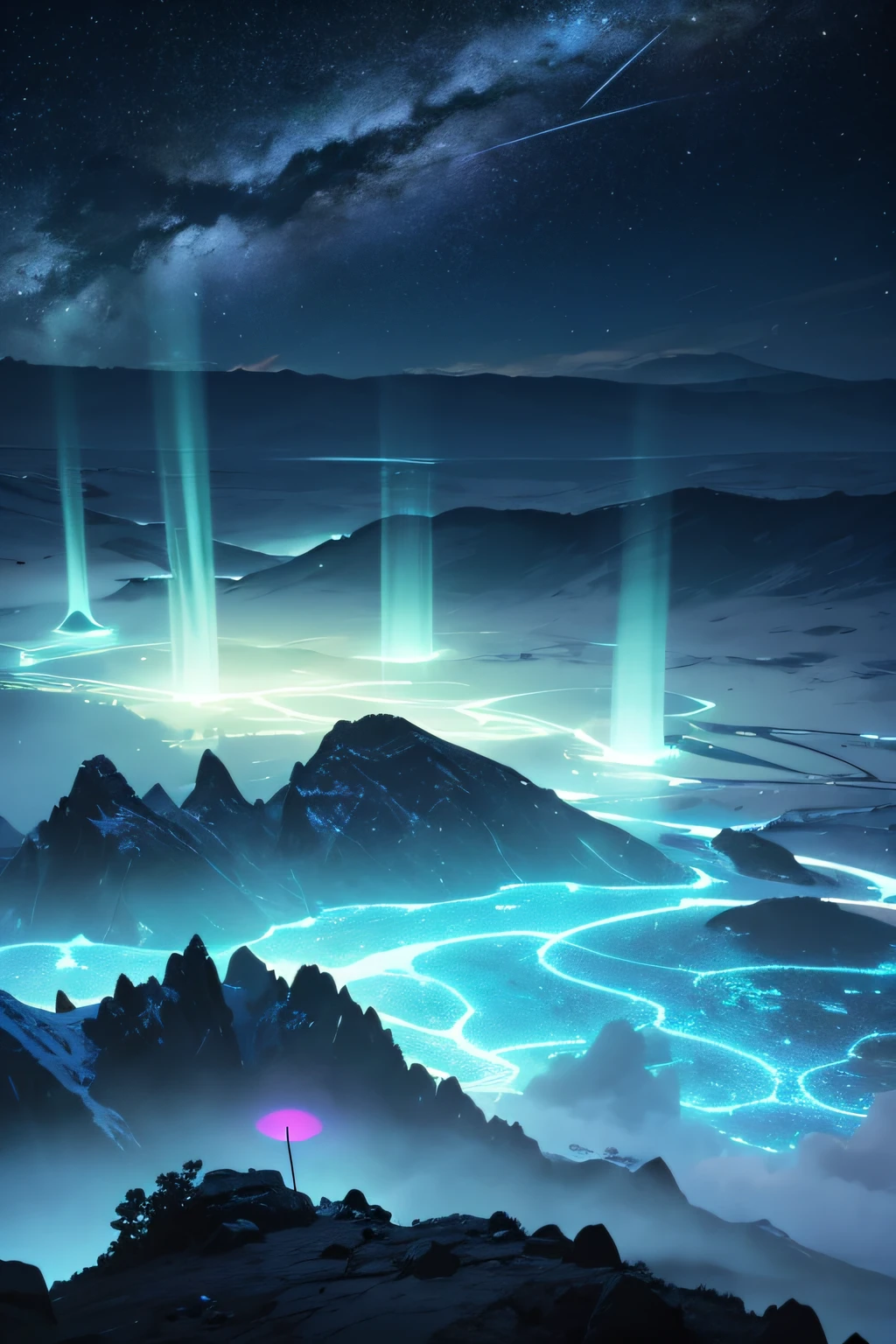 On a mountain, the altitude mist reveals shapes in bioluminescent chladni patterns and in the shape of capignons. Saturn is visible a little further away in bioluminescence too