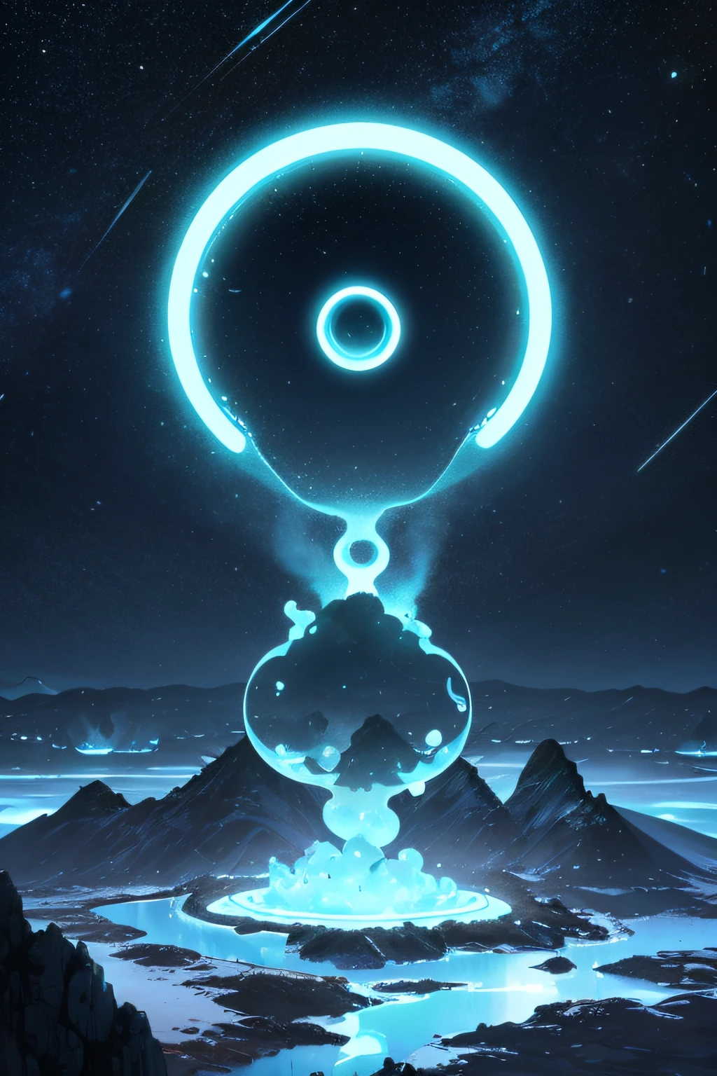 On a mountain, the altitude mist reveals shapes in bioluminescent chladni patterns and in the shape of capignons. Saturn is visible a little further away in bioluminescence too