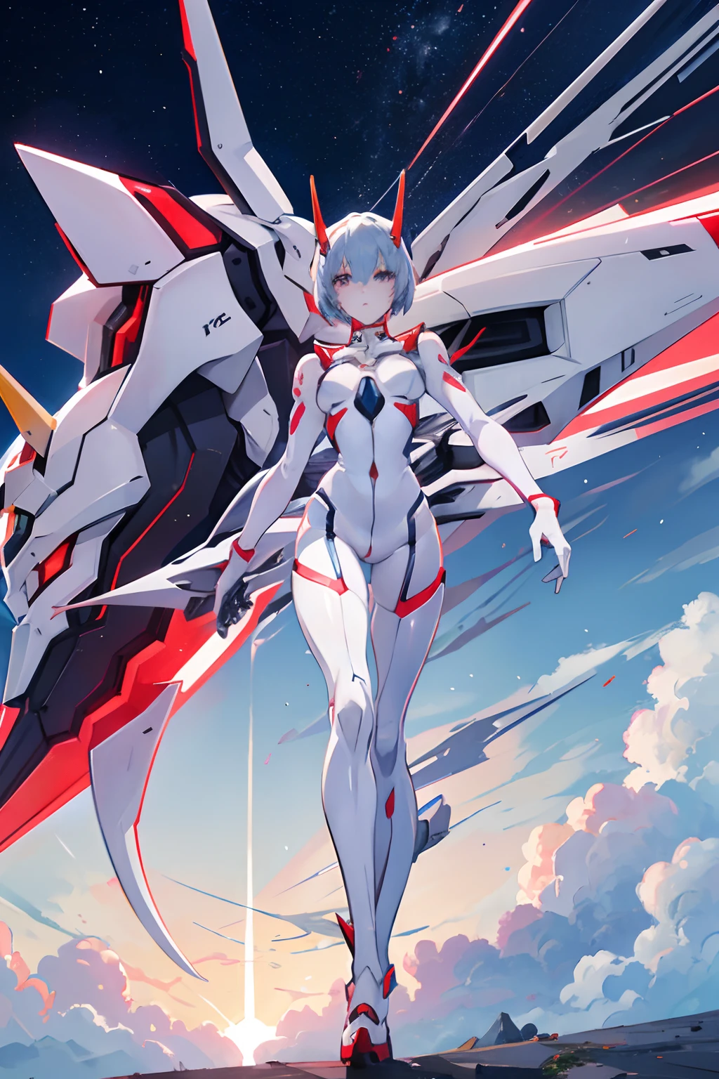 EVA 00, rei ayanami looking into distance, fullbody, eva, 2022 2023 anime retro nostalgia , dynamic angle, wind, hyper, masterpiece, ultimate details, --ar 16:9 --s 90 --style anime --niji 5