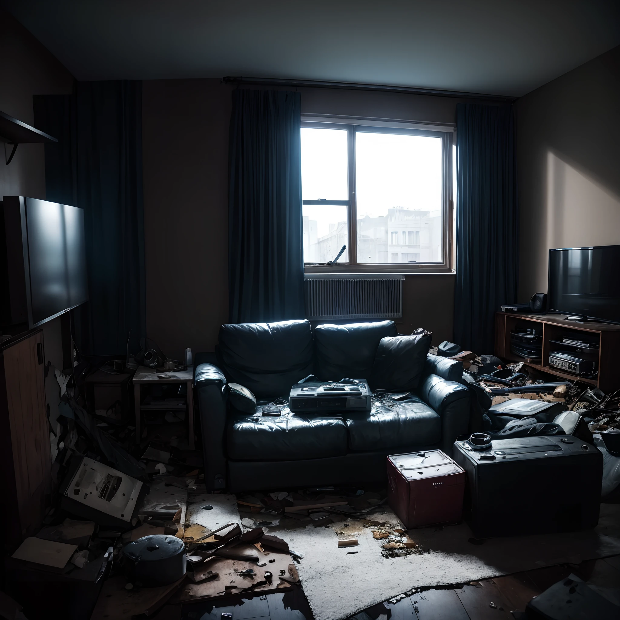 destroyed dark living room, old tv on the floor, 1 Dobermann dog sitting on the sofa, watching tv, all objects appear side view