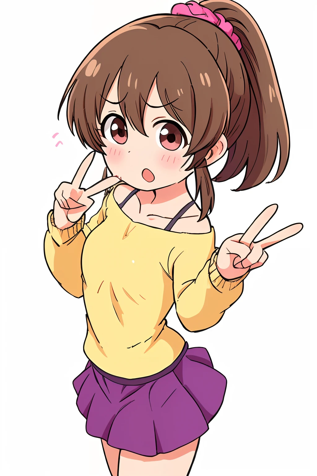 hori yuko, brown hair, brown eyes,  ponytail , pink scrunchie, yellow shirt, off-shoulder shirt, purple skirt, small boobs,
standing, ((double v sign)), front view, looking at viewer,
1girl, solo, :O, blush, 
indoor, bedroom,(( white background)), simple background,