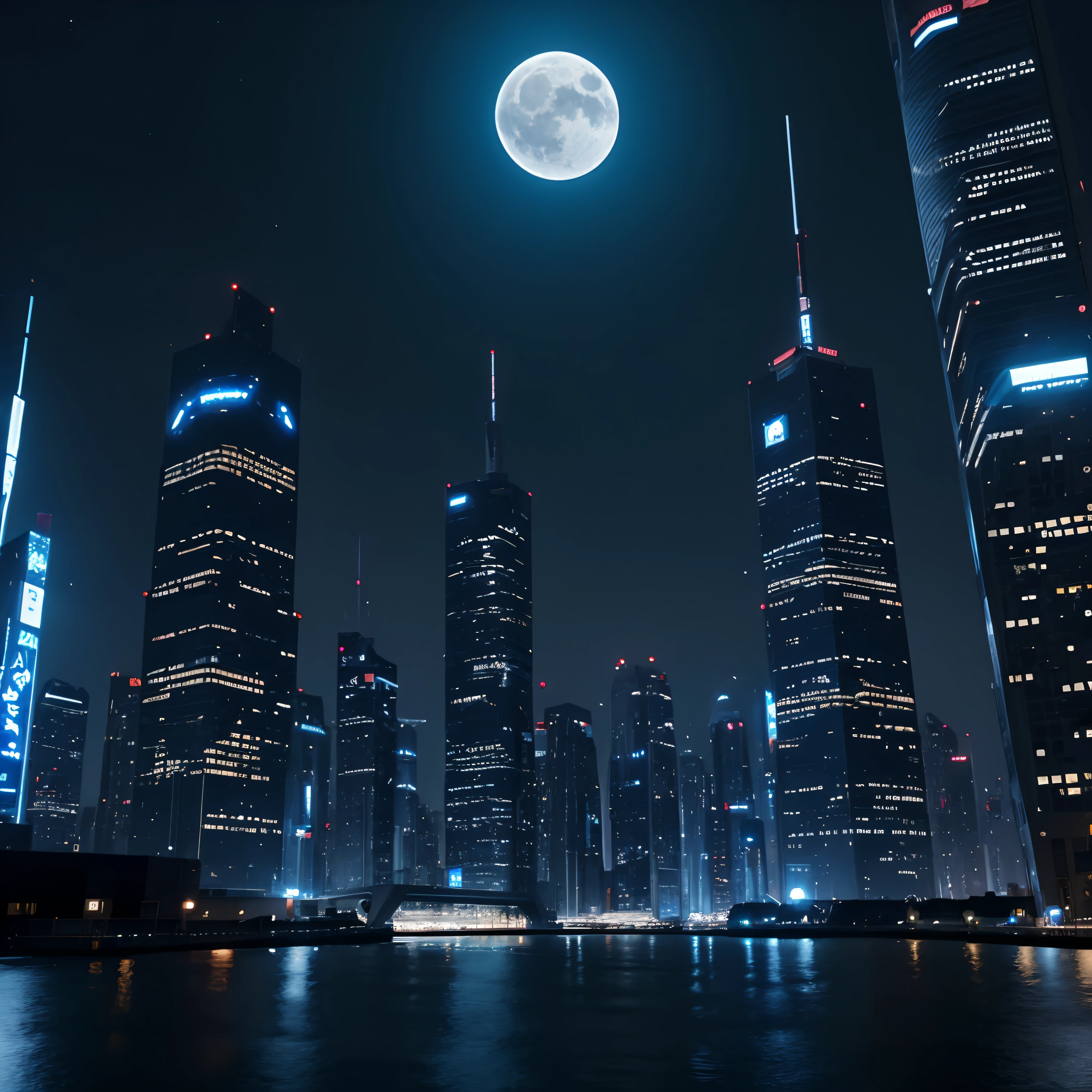 Futuristic big city in night #blue #grey #moon