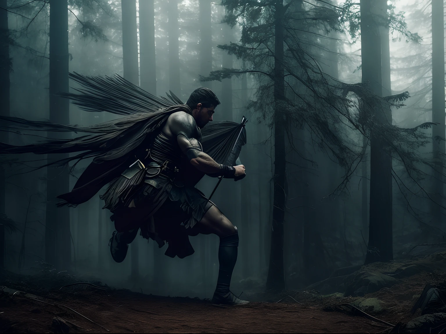 (masterpiece) A dynamic action battle scene of an extraordinarily strong and heavenly masculine warrior fighting a battle in the heart of a foggy forest at sunrise, intense, dramatic epic pose, palpable ethereal ambience, atmospheric depth, stark contrasts, moody undertones, photorealistic, film grain, cinematic shot with hasselblad, cyclorama effect