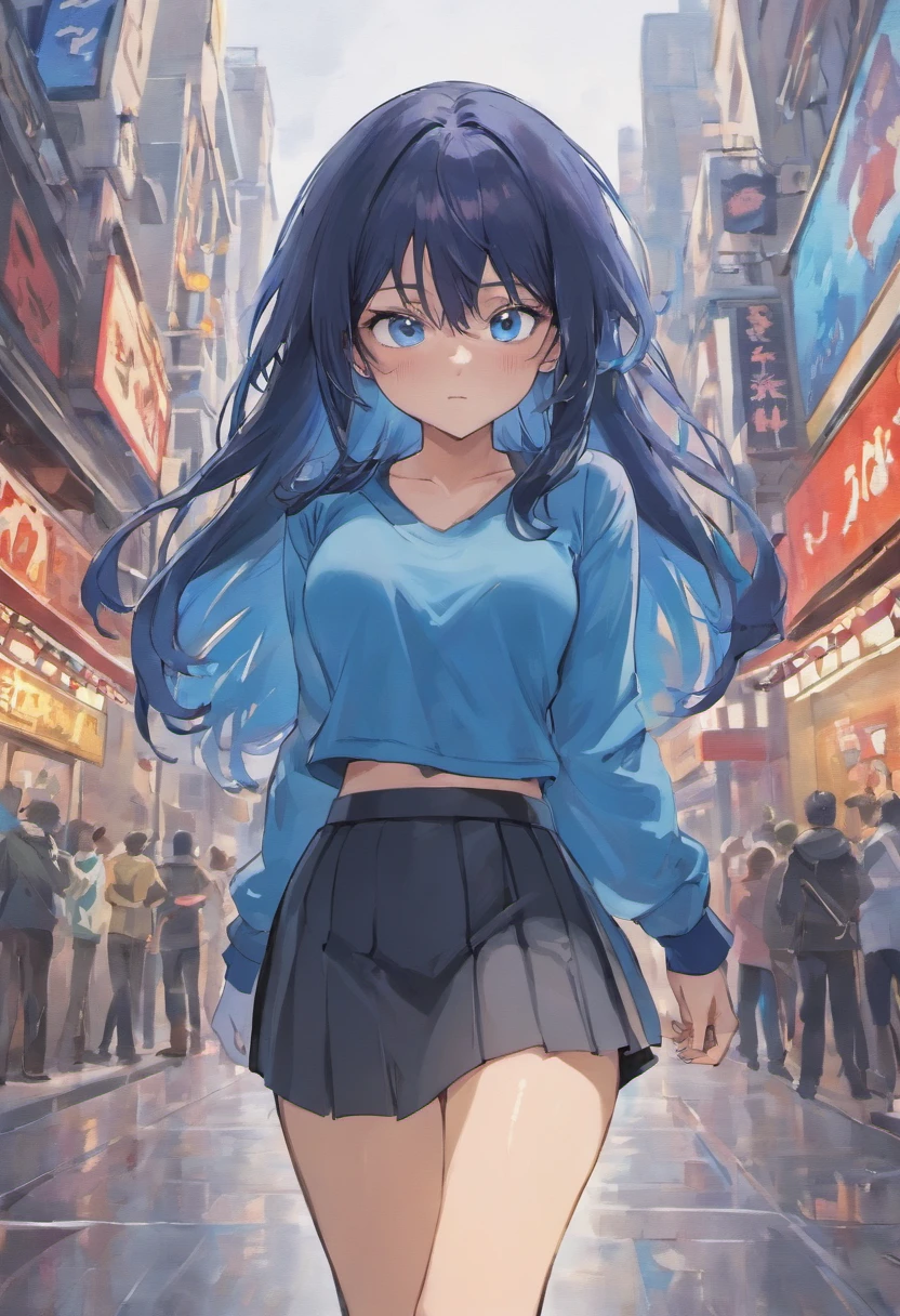 Blue eyes, Masterpiece, Best Quality, 8K, Photographic Reality, Realistic, Octane Rendering, Bustling Urban Streets of CHicago (1 Woman: 1.4), (Only One Woman on the Screen: 1.3), (Blue Shirt), (Long Black Hair), (Hip Wrapped Skirt), (Blue Eyes) Upper Body Display (Asian-American) (Fit, Athletic, Tall)(Small Breasts)