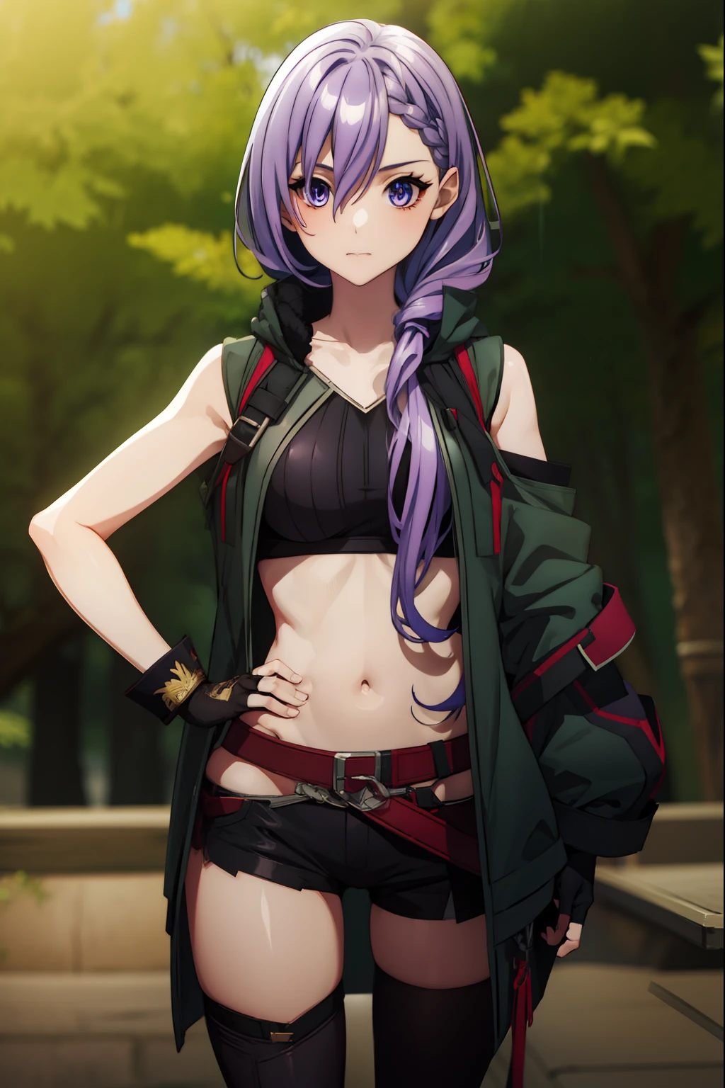 iseleveluna, luna jacket, long hair, purple hair, braid, hair between eyes, braided bangs,
BREAK thighhighs, gloves, shorts, midriff, fingerless gloves, hand on hips, cowboy shot, 
BREAK looking at viewer,
BREAK outdoors,
BREAK (masterpiece:1.2), best quality, high resolution, unity 8k wallpaper, (illustration:0.8), (beautiful detailed eyes:1.6), extremely detailed face, perfect lighting, extremely detailed CG, (perfect hands, perfect anatomy),