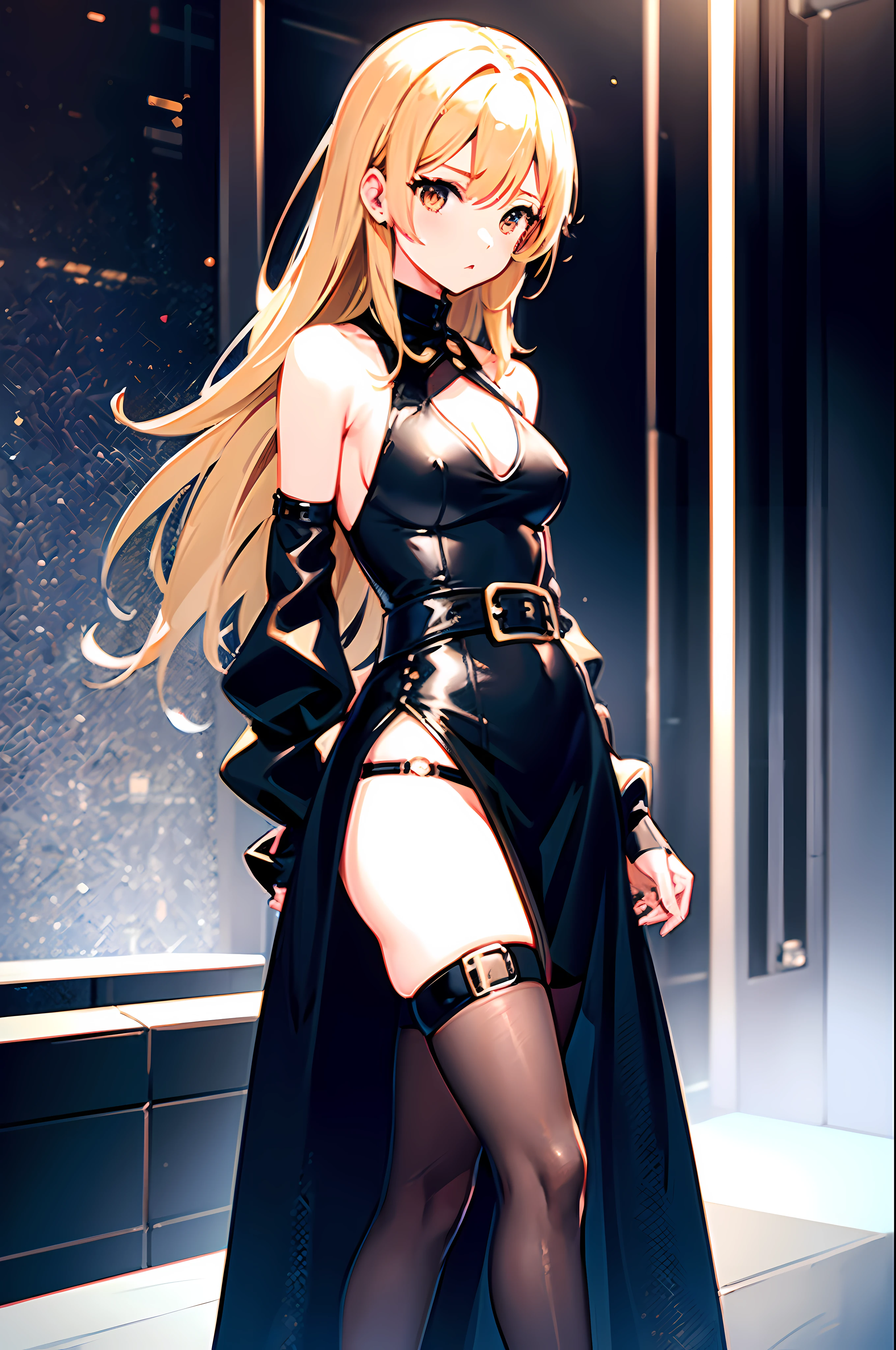 1girl, blond hair almost to the ground, one-piece black leather outfit with a translucent neckline and 4 straps along the front attached to a belt around the nec, short black loose dress, bare shoulders, black stockings ending before the end of the dress, black high heels, sleeves from elbow loose at the wrists, bow at waist level at the back, Brown eyes, standing in front of barrier with sea in the back