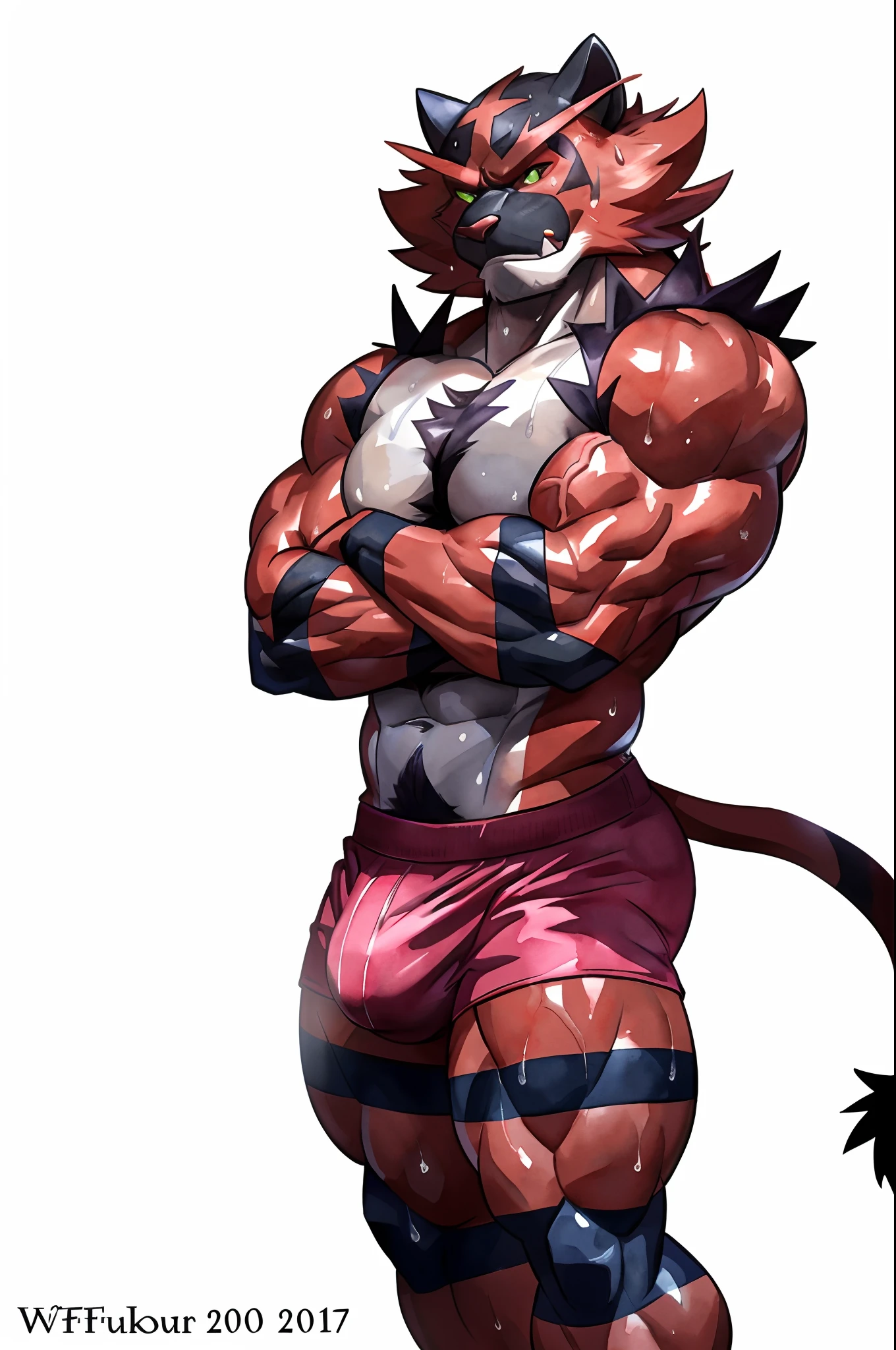 slim:1 incineroar. 4k, high resolution, best quality, posted on e621, solo, anthro body, older male, male, lion mane, adult, very masculine, (skinny build):1, correct anatomy, (white background, no background:1.2), (by wfa:1.2), (by Pokkuti, by vorusuarts, by Traver009:1.0), (bare torso:1.1), (boxers, bulge:1.0), bare paws, (detailed eyes:1.2), sexy, (cel shaded:1.2), (sweat:1.5), visible breath, shiny muscles, sweat:1, cartoony shading, (watercolors:1.2), strong shadows, confident, proud, , (vascular, veins:1.1), (full body):1