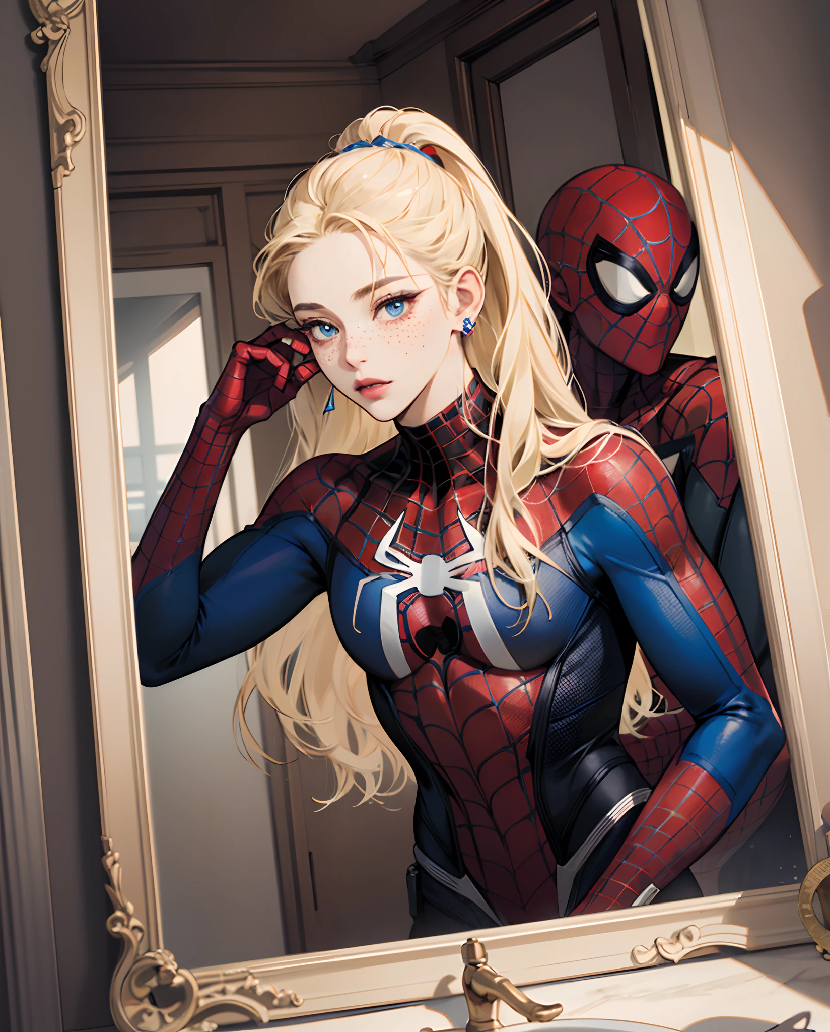 marvel Comic page, 18 year old girl, long blonde hair, blue eyes, light freckles, wearing a cream white Spider-Man suit, with lace on the suit, with earrings, hair half up, half down, looking at a mirror