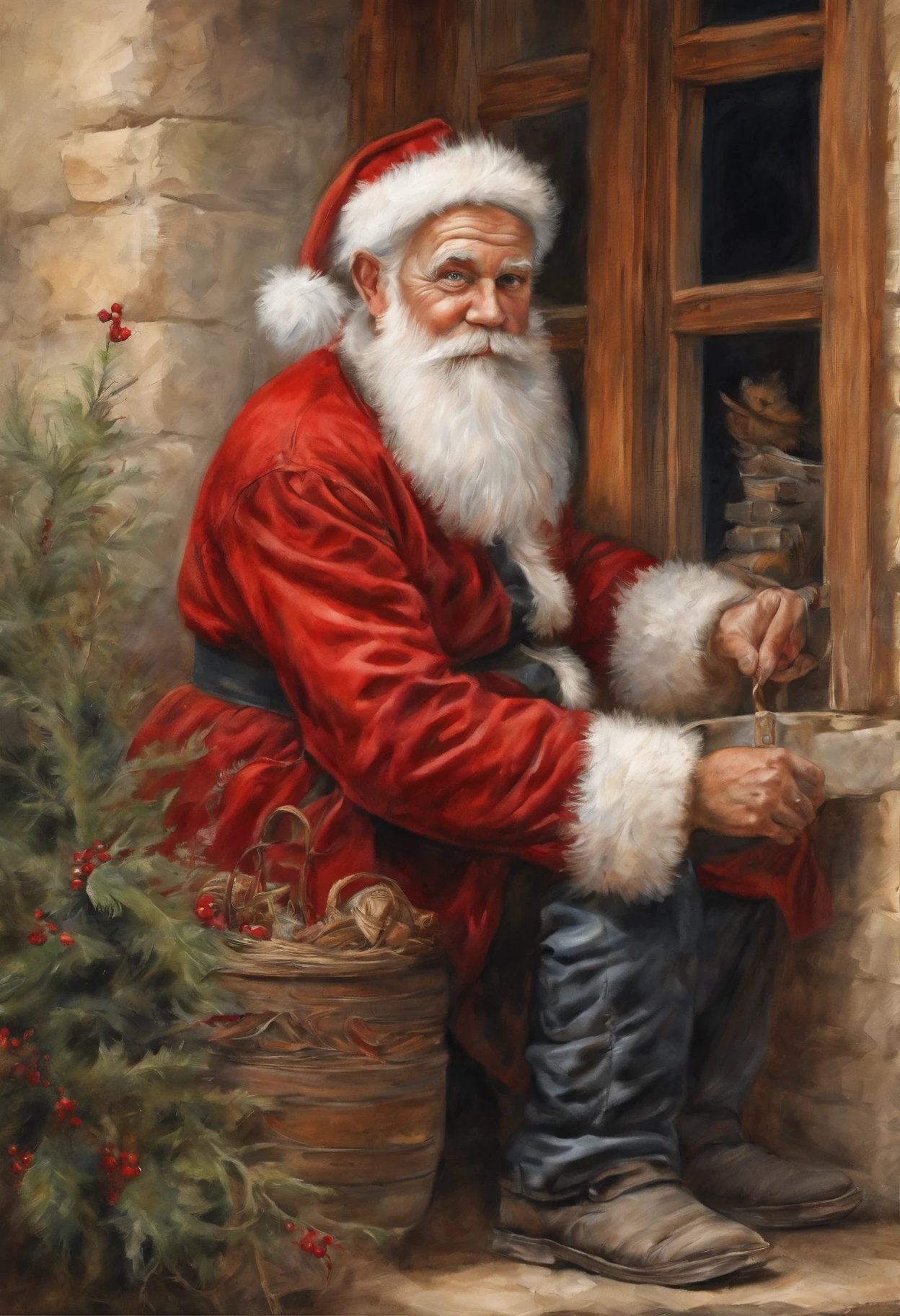 best quality, realistic, photorealistic, award-winning illustration, (intricate details: 1.2), (delicate detail), (intricate details), santa Claus with white hair sitting down looking at camera, a photorealistic painting by Mac Conner, pexels, realism, character, the man is wearing a old red clothes and overalls, The background is a painting of a wooden wall with a window, creating a contrast between the realistic and the artistic elements of the image.