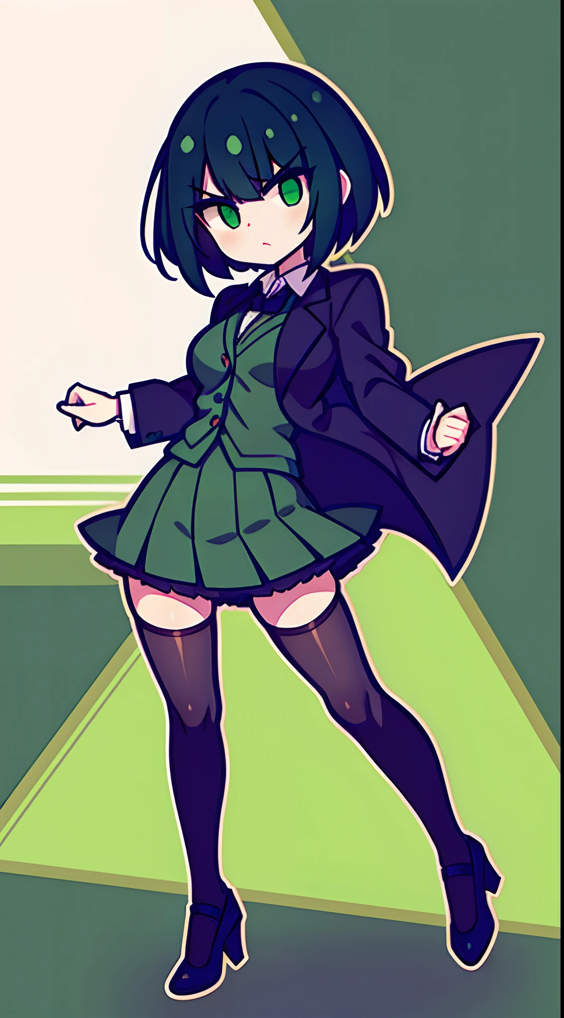kyoka jiro, 1girl, solo, looking at viewer, short hair, bangs, skirt, simple background, shirt, black hair, long sleeves, sitting, closed mouth, school uniform, jacket, white shirt, pleated skirt, necktie, socks, collared shirt, signature, black eyes, kneehighs, arm support, chair, blazer, crossed legs, red necktie, black background, green skirt, black socks, hand on own face, outline, head rest, grey jacket, white outline, stool, elbow rest, u.a. school uniform, long earlobesearlobes<lora:KyokaJiroLoRA-10:0.6>
