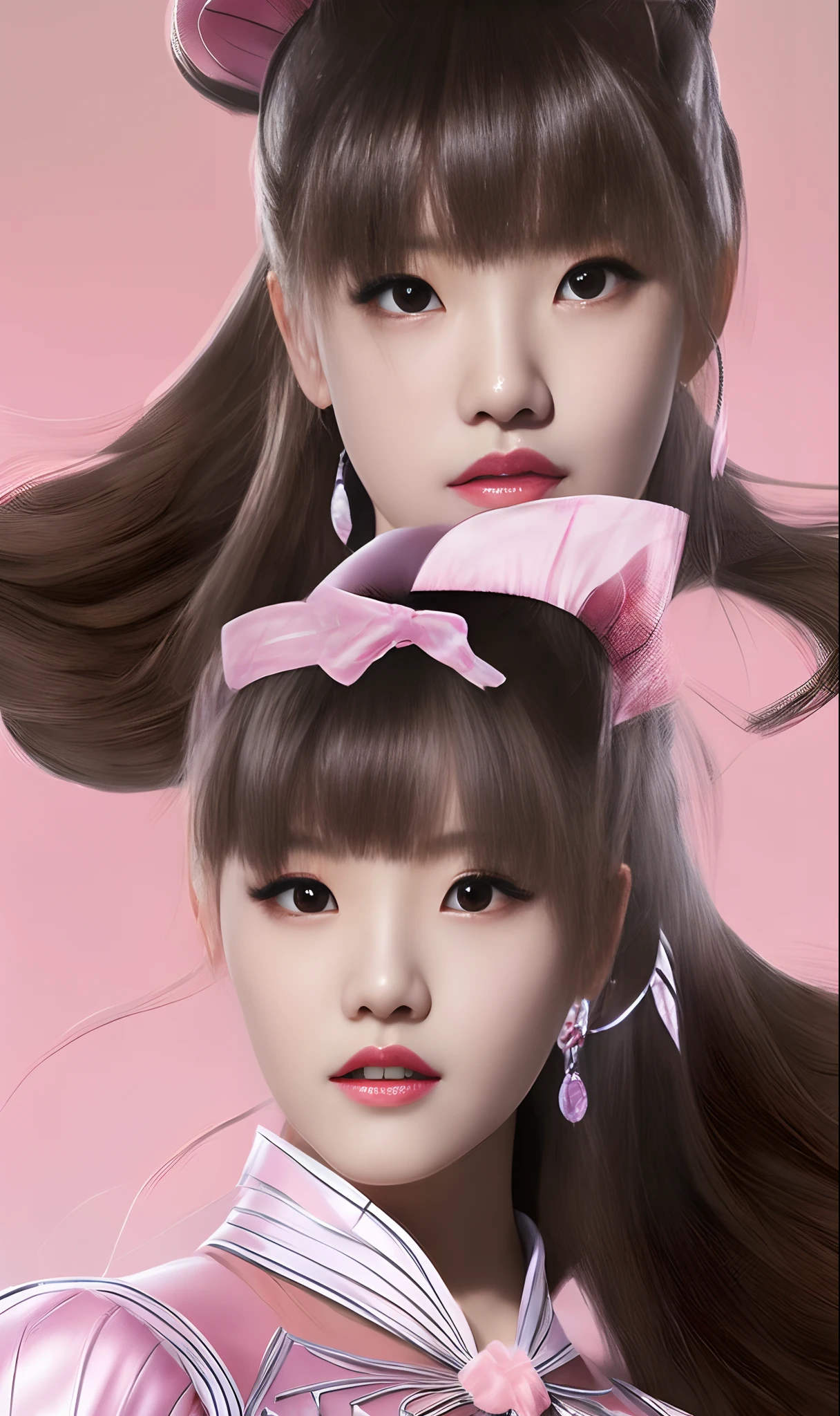 make a dc comic artsyle panel of a 17 year old female girl in a baby pink spider suit with ruffles and bows, make her look adorable and pretty. she has long silky light brown hair with bangs and she's East Asian, she looks like Chuu from LOONA, she's a superhero in the Spider-Man universe and she's a sweetheart.