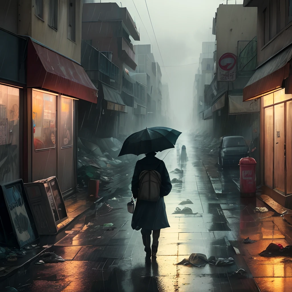 a big city where there is no life.  the wind blows the garbage in the streets.  it is raining.  death walks.