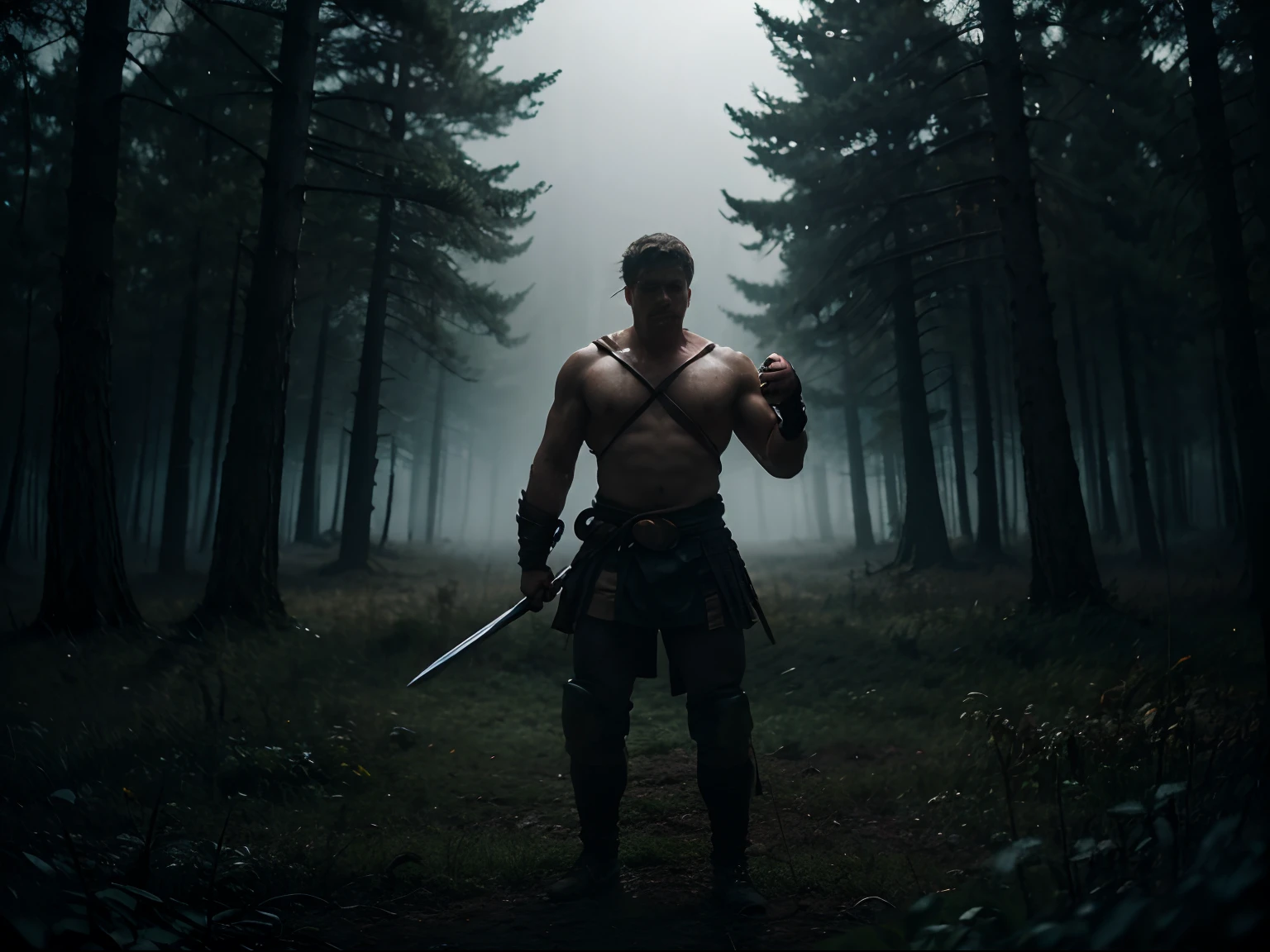 (masterpiece) A dynamic action battle scene of an extraordinarily strong and heavenly masculine warrior fighting a battle in the heart of a foggy forest at sunrise, intense, dramatic epic pose, palpable ethereal ambience, atmospheric depth, stark contrasts, moody undertones, photorealistic, film grain, cinematic shot with hasselblad, cyclorama effect