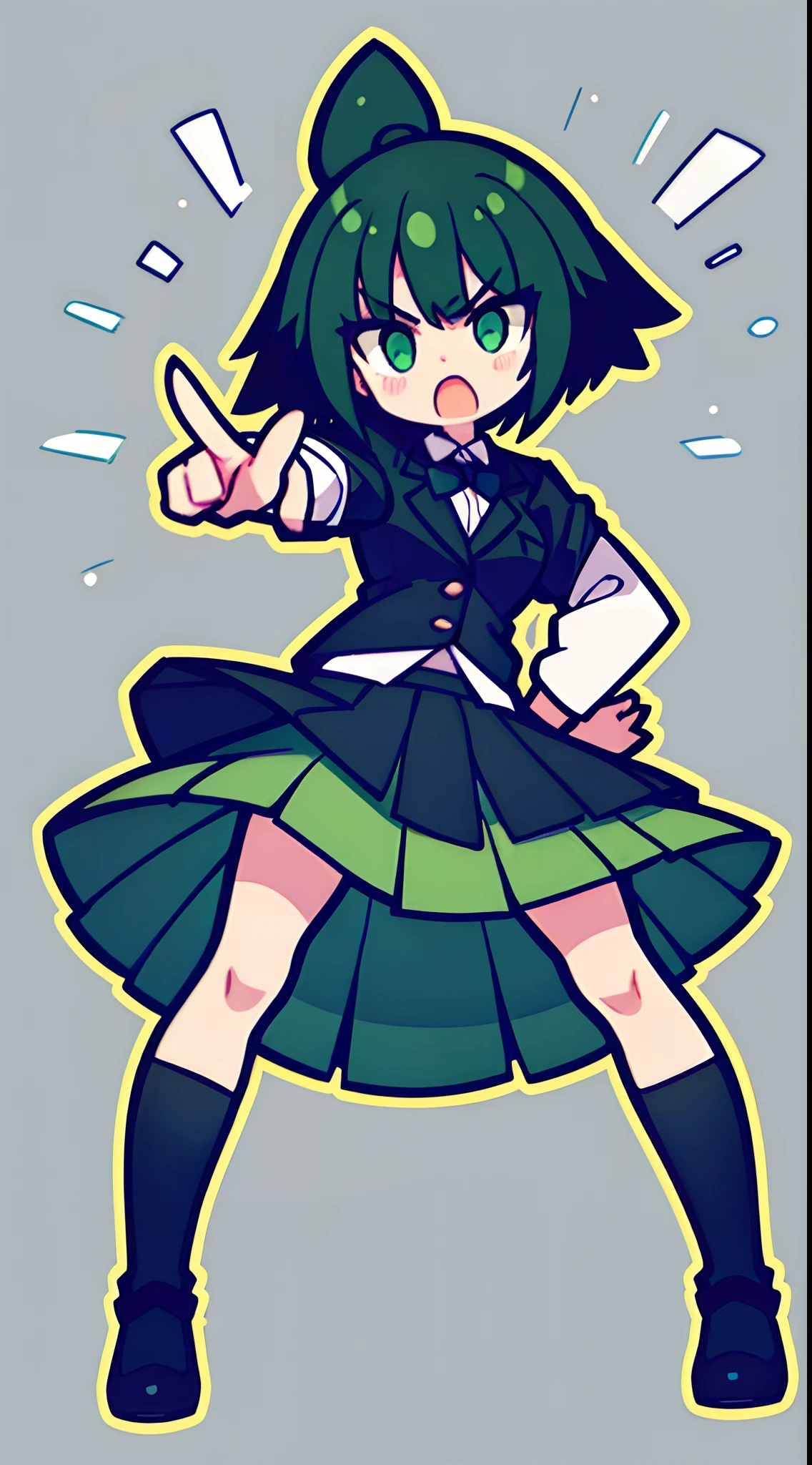 A full body girl，Short green and black hair，Wear skirts and formal attire，Strike angry fighting stances