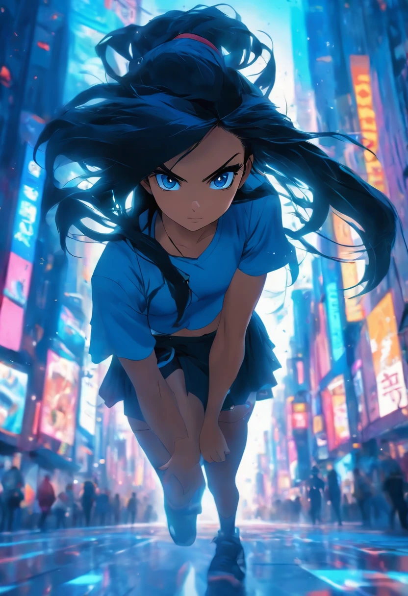 Blue eyes, Masterpiece, Best Quality, 8K, Photographic Reality, Realistic, Octane Rendering, Bustling Urban Streets of CHicago ( girl), (1 Woman: 1.4), (Only One Woman on the Screen: 1.3), (Blue Shirt), (Long Black Hair), (Hip Wrapped Skirt), (Blue Eyes) Upper Body Display (Asian-American) (Fit, Athletic, Tall)(Small Breasts)