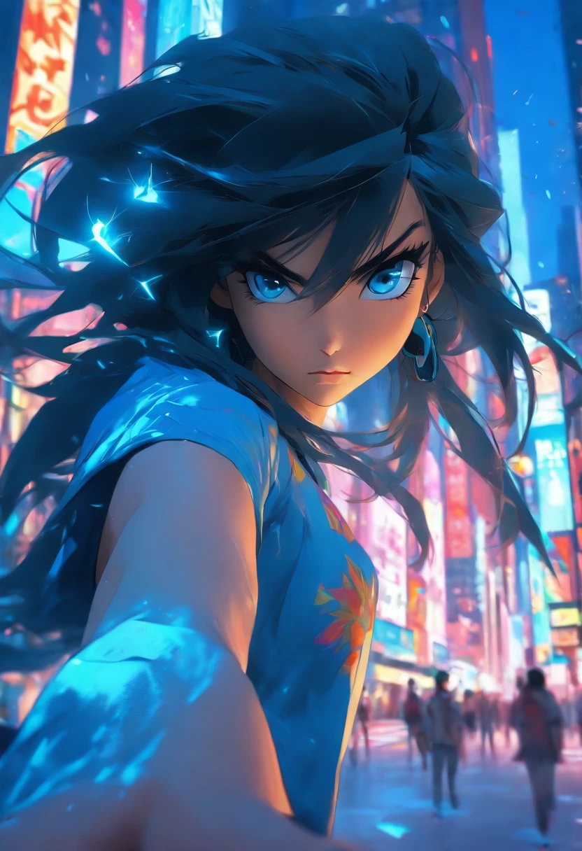 Blue eyes, Masterpiece, Best Quality, 8K, Photographic Reality, Realistic, Octane Rendering, Bustling Urban Streets of CHicago (Teen girl), (1 Woman: 1.4), (Only One Woman on the Screen: 1.3), (Blue Shirt), (Long Black Hair), (Hip Wrapped Skirt), (Blue Eyes) Upper Body Display (Asian-American) (Fit, Athletic, Tall)(Small Breasts)