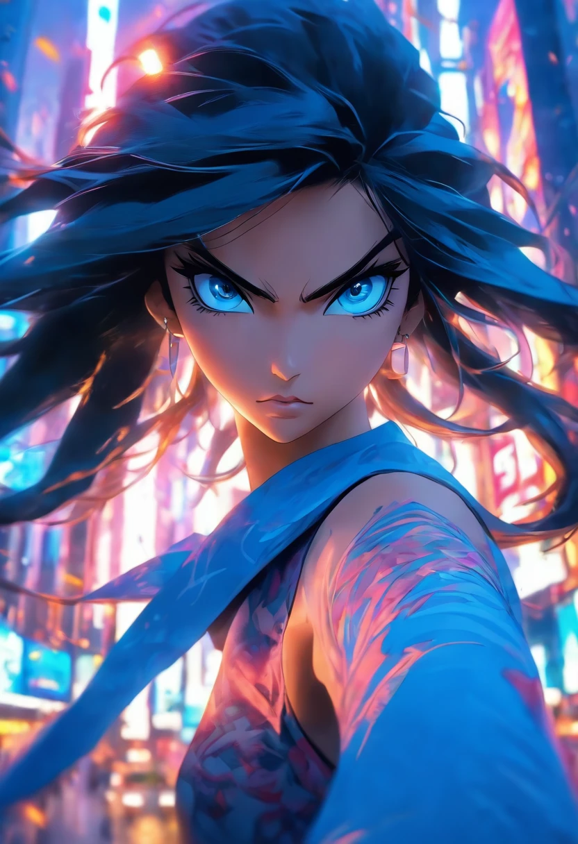 Blue eyes, Masterpiece, Best Quality, 8K, Photographic Reality, Realistic, Octane Rendering, Bustling Urban Streets of CHicago (Teen girl), (1 Woman: 1.4), (Only One Woman on the Screen: 1.3), (Blue Shirt), (Long Black Hair), (Hip Wrapped Skirt), (Blue Eyes) Upper Body Display (Asian-American) (Fit, Athletic, Tall)(Small Breasts)