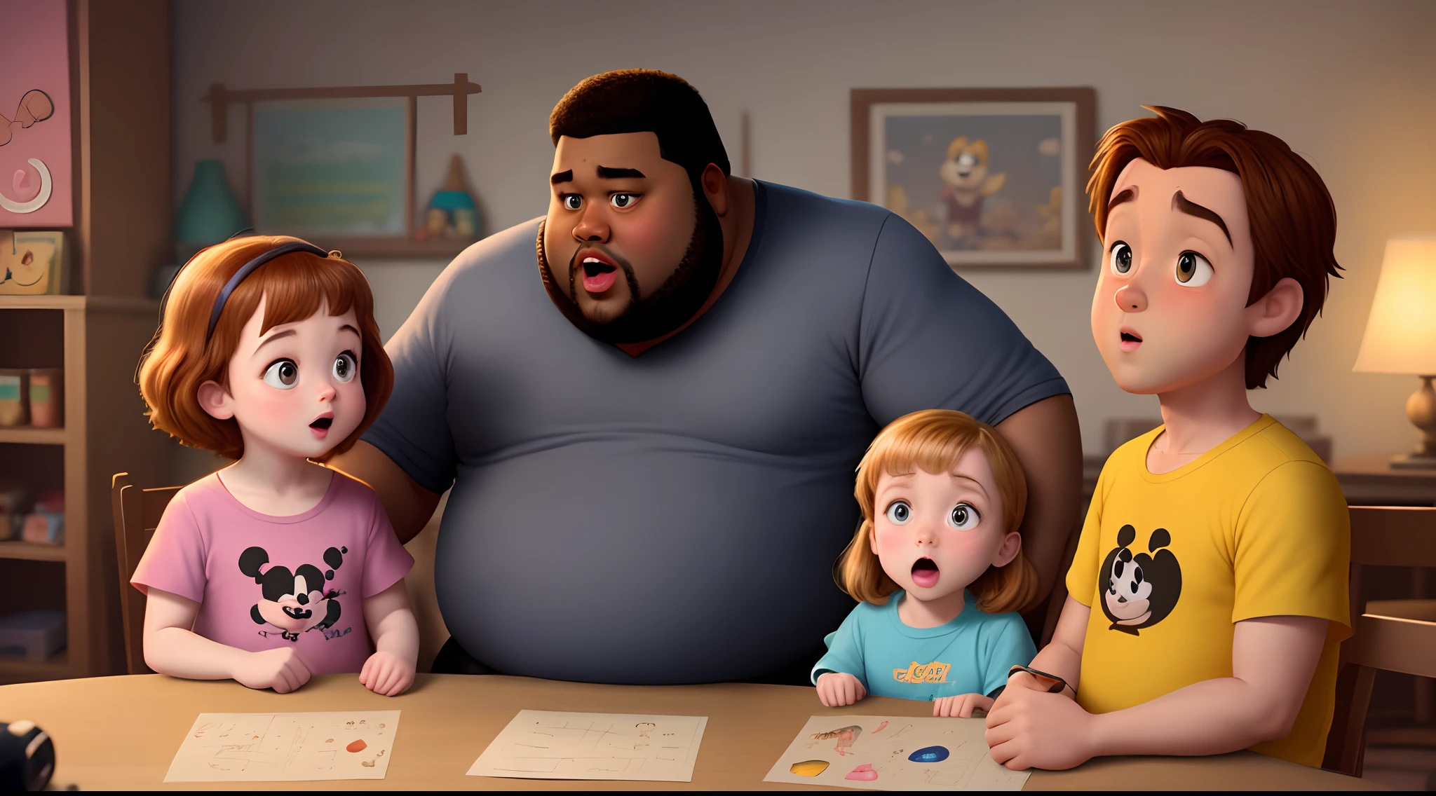 draw a disney/pixar movie in disney style movie titled “robby” with a fat black guy with little children