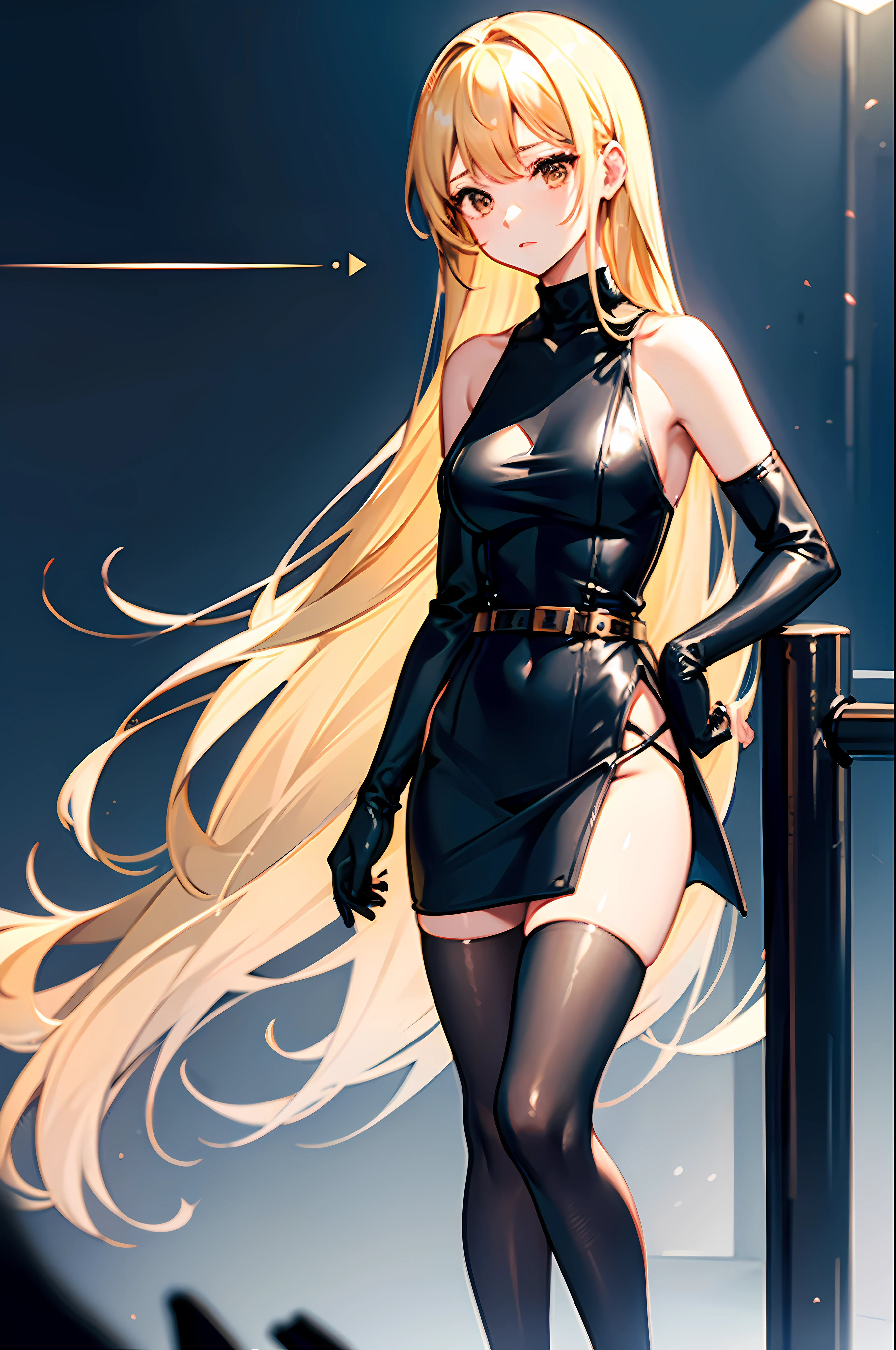 1girl, blond hair almost to the ground, one-piece black leather outfit with a translucent neckline and 4 straps along the front attached to a belt around the nec, short black loose dress, bare shoulders, black stockings ending before the end of the dress, black high heels, sleeves from elbow loose at the wrists, bow at waist level at the back, Brown eyes, standing in front of barrier with sea in the back