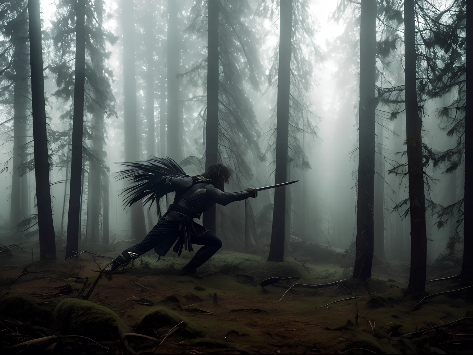 (masterpiece) A dynamic action battle scene of an extraordinarily strong and heavenly masculine warrior fighting a battle in the heart of a foggy forest at sunrise, intense, dramatic epic pose, palpable ethereal ambience, atmospheric depth, stark contrasts, moody undertones, photorealistic, film grain, cinematic shot with hasselblad, cyclorama effect