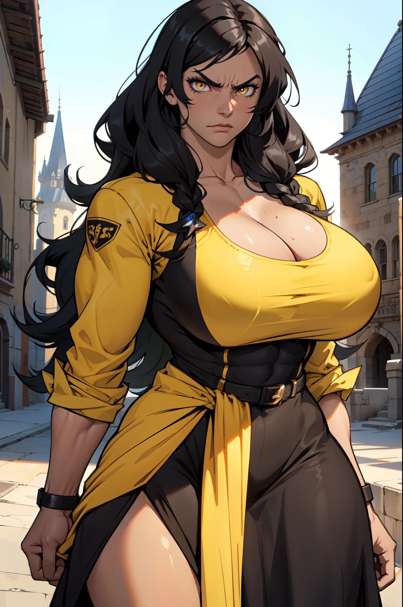 muscular toned body bodybuilder huge breasts black hair yellow eyes angry 1girl long black dress cowboy shot curvy very long hair castle background