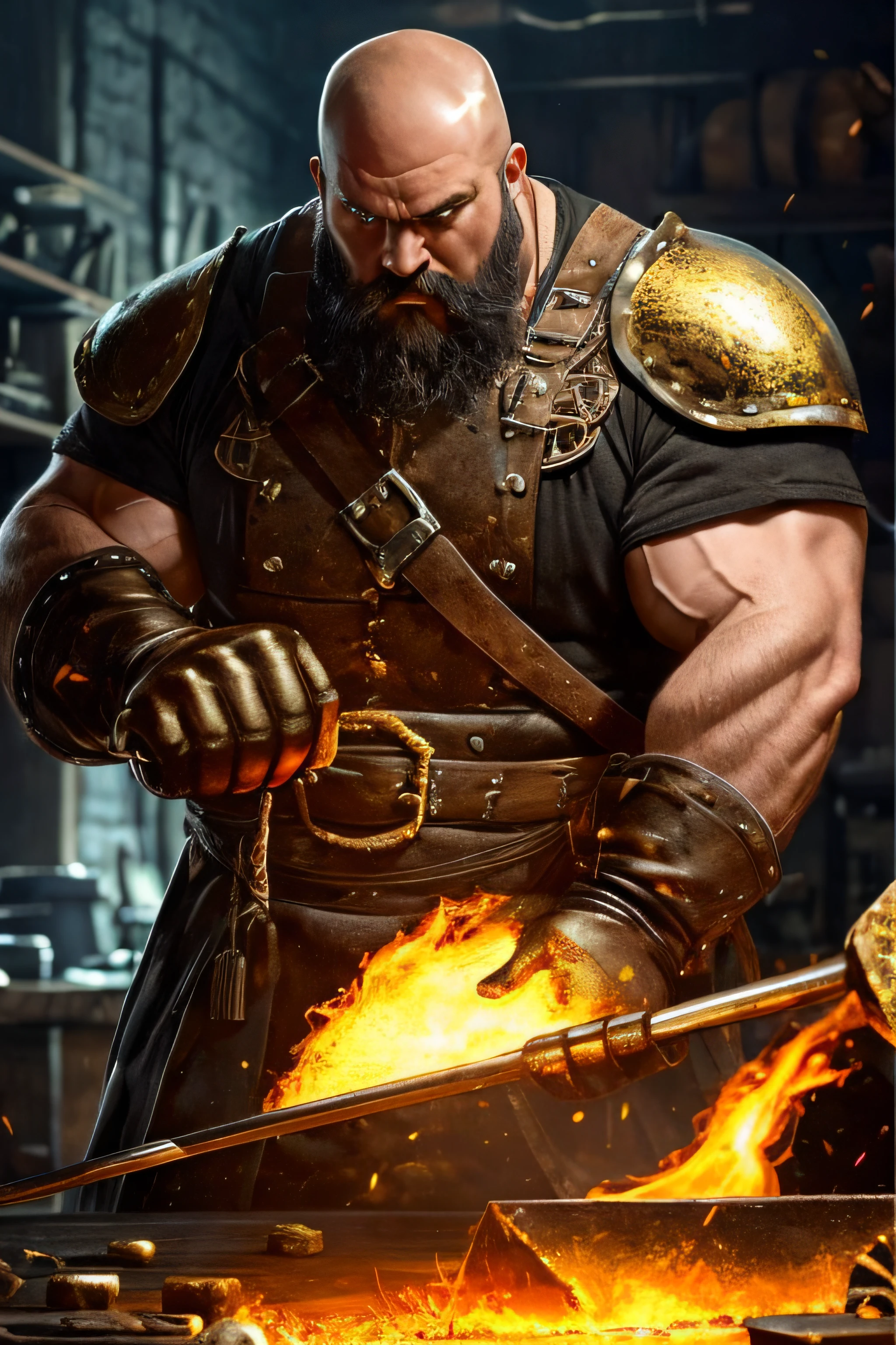 resistente,homem careca forte,Big,forte,mustache:1.1,poderoso,Pirate-Blacksmith Hybrid Equipment,Detailed description of the outfit,Large and strong construction,steel-like muscles,bulky arms,barbado,rosto enrugado,Botas pesadas,luvas cobertas de fuligem,Ferramentas pesadas penduradas na correia,sacos de moedas de ouro,dente de ouro cintilante,sobrancelhas grossas,olhar intimidador,luvas desgastadas,martelo de metal enorme,suor escorrendo pelo rosto,Expression of determination,Forging a Fearsome Weapon,respingos de metal fundido vermelho-quente,fogos rugindo ao fundo,Sparks lighting up the workshop,dark and moody lighting,vapor saindo da forja,Metallic slang and hammers banging big ornas,Smoke filling the air