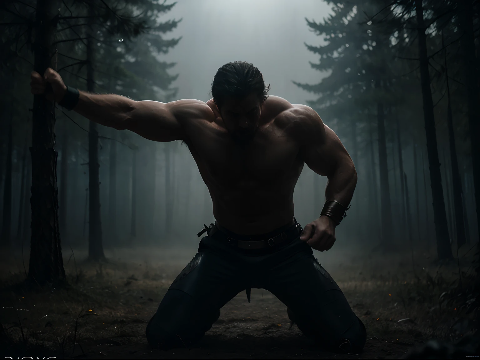 (masterpiece) A dynamic action battle scene of an extraordinarily strong and heavenly masculine warrior fighting a battle in the heart of a foggy forest at sunrise, intense, dramatic epic pose, palpable ethereal ambience, atmospheric depth, stark contrasts, moody undertones, photorealistic, film grain, cinematic shot with hasselblad, cyclorama effect