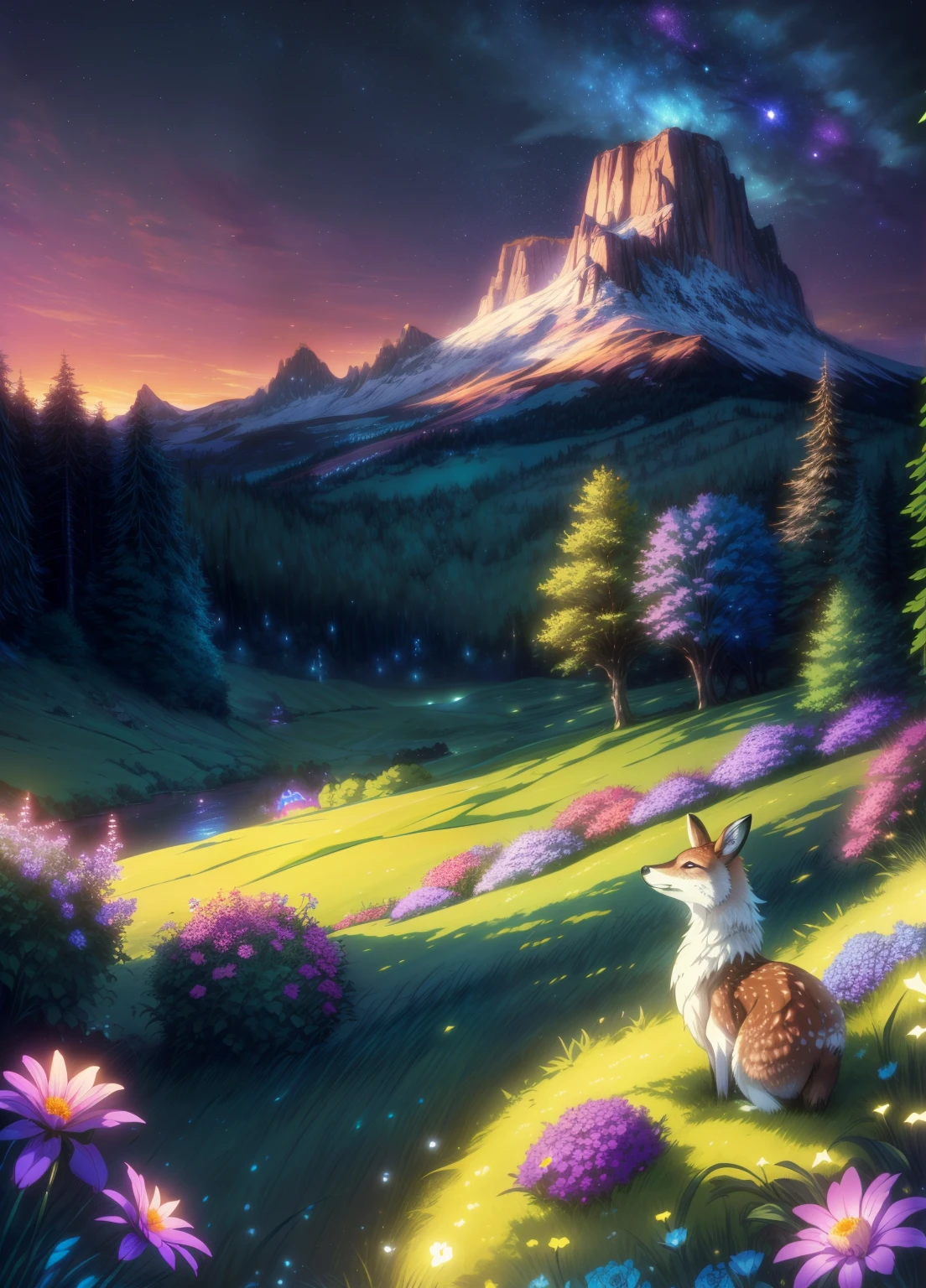 (best quality,4k,8k,highres,masterpiece:1.2),ultra-detailed,(realistic,photorealistic,photo-realistic:1.37),Enchanted forest, illuminated by the soft moonlight,playful foxes,graceful fawns,adorable cubs,wise owls,cute bunnies,prickly hedgehogs gather under the celestial beauty,portraits,A beautiful princess in a dress watering colorful flowers on a planet. background, mountainous landscape in pastel tones. The lighting is soft and dreamlike. The 3D rendering quality is extremely detailed and realistic at 8K resolution.", eye, Close up, Beautiful night sky, meteor shower, Beyond the clouds, Surrounded by water, Pondering, Wide angel, Breathtaking clouds, wide angles, By Makoto Shinkai, tomas kinkade, James Gilead, Achieve the landscape through holographic sleep, hdr, voluminetric lighting, Ray tracing, intricate complexity, High details, Very detailed, Deviant-art, 4k vertical wallpaper,, Colorful, Airy, anime illustration, anime nature wallpaper
, landscape,photography,vivid colors,warm tones,soft lighting,peaceful ambiance