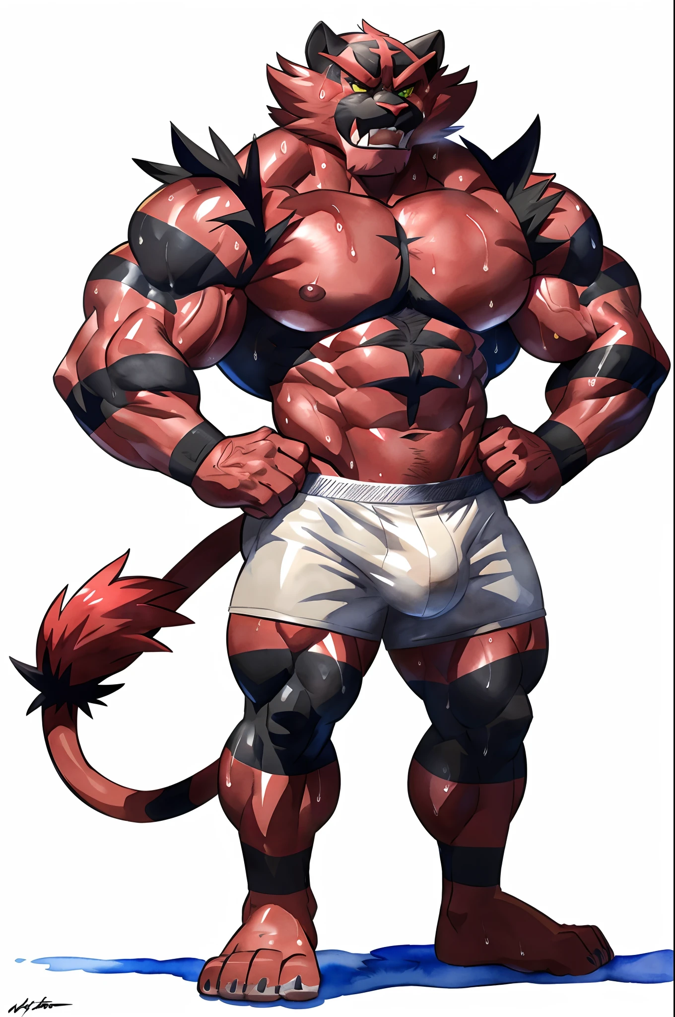 slim:1 incineroar. 4k, high resolution, best quality, posted on e621, solo, anthro body, older male, male, lion mane, adult, very masculine, (skinny build):1.5, correct anatomy, (white background, no background:1.2), (by wfa:1.2), (by Pokkuti, by vorusuarts, by Traver009:1.0), (bare torso:1.1), (boxers, bulge:1.0), bare paws, (detailed eyes:1.2), sexy, (cel shaded:1.2), (sweat:1.5), visible breath, sweat:1, cartoony shading, (watercolors:1.2), strong shadows, confident, proud, , (vascular, veins:1.1), (full body):1
