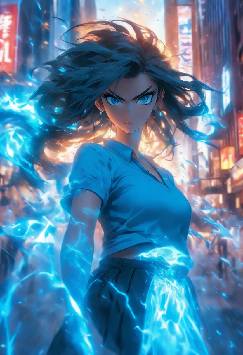 Blue eyes, Masterpiece, Best Quality, 8K, Photographic Reality, Realistic, Octane Rendering, Bustling Urban Streets of CHicago (1 Woman: 1.4), (Only One Woman on the Screen: 1.3), (Blue Shirt), (Long Black Hair), (Hip Wrapped Skirt), (Blue Eyes) Upper Body Display (Asian-American) (Fit, Athletic, Tall)(Small Breasts) (Giants)