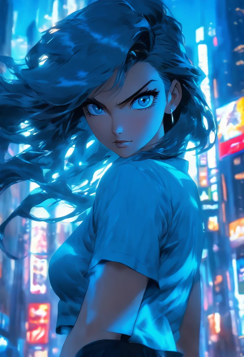 Blue eyes, Masterpiece, Best Quality, 8K, Photographic Reality, Realistic, Octane Rendering, Bustling Urban Streets of CHicago (1 Woman: 1.4), (Only One Woman on the Screen: 1.3), (Blue Shirt), (Long Black Hair), (Hip Wrapped Skirt), (Blue Eyes) Upper Body Display (Asian-American) (Fit, Athletic, Tall)(Small Breasts) (Giants)