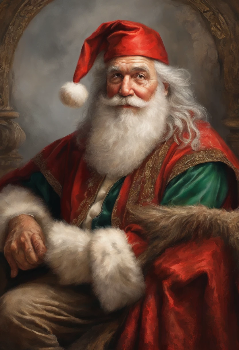 best quality, realistic, photorealistic, award-winning illustration, (intricate details: 1.2), (delicate detail), (intricate details), vintage santa Claus with white hair sitting down looking at camera, a photorealistic painting by Mac Conner, pexels, realism, character, the man is wearing a old red clothes and overalls, The background is a painting of Christmas aesthetic , creating a contrast between the realistic and the artistic elements of the image,8k