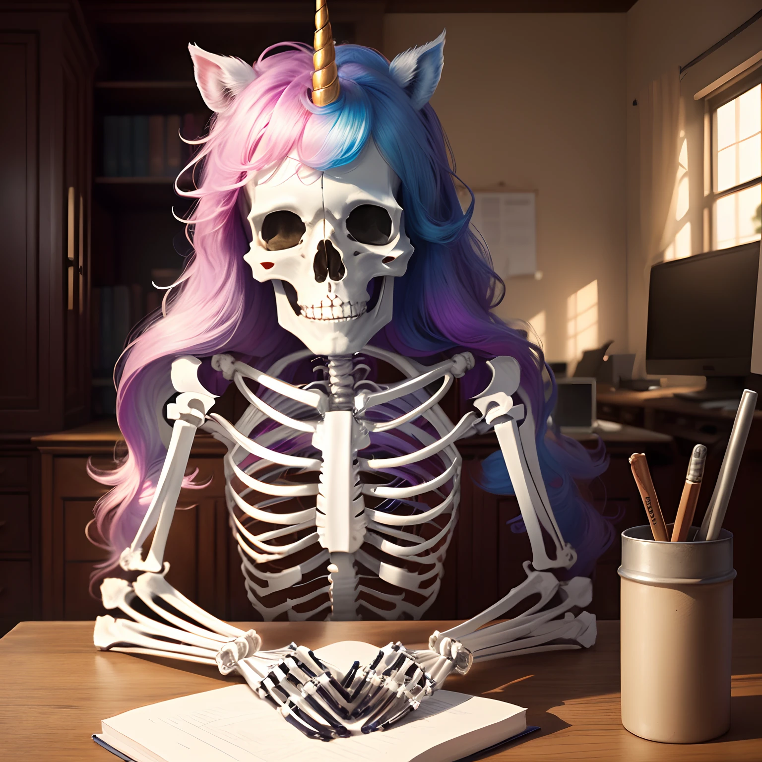 Unicorn skeleton at desk