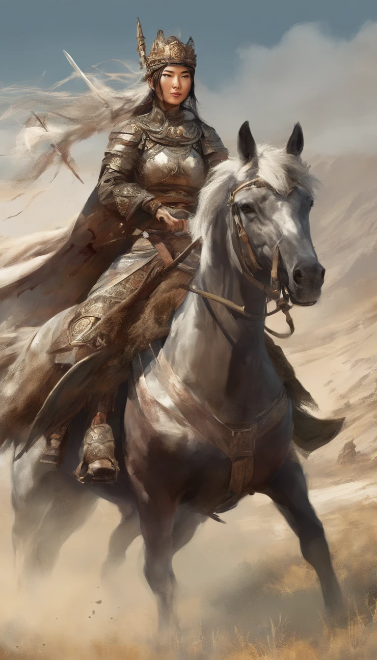 beautiful womens of the Mongol Empire, on horseback and ready to hunt, in a vast, open, landscape, hyper-realistic