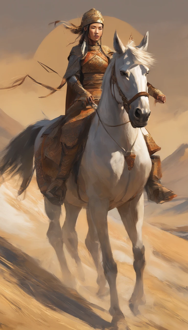 beautiful womens of the Mongol Empire, on horseback and ready to hunt, in a vast, open, landscape, hyper-realistic