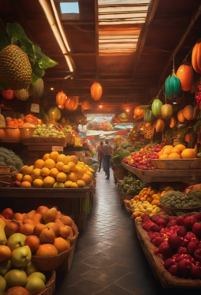 Colorful market, Exotic fruits and sunlight passing through the stalls, Create a warm and lively atmosphere. Realstic, Best quality, 8K Photo-Realistic, (Best quality:1.1), Masterpiece, (Realstic:1.1), photo-realistic
